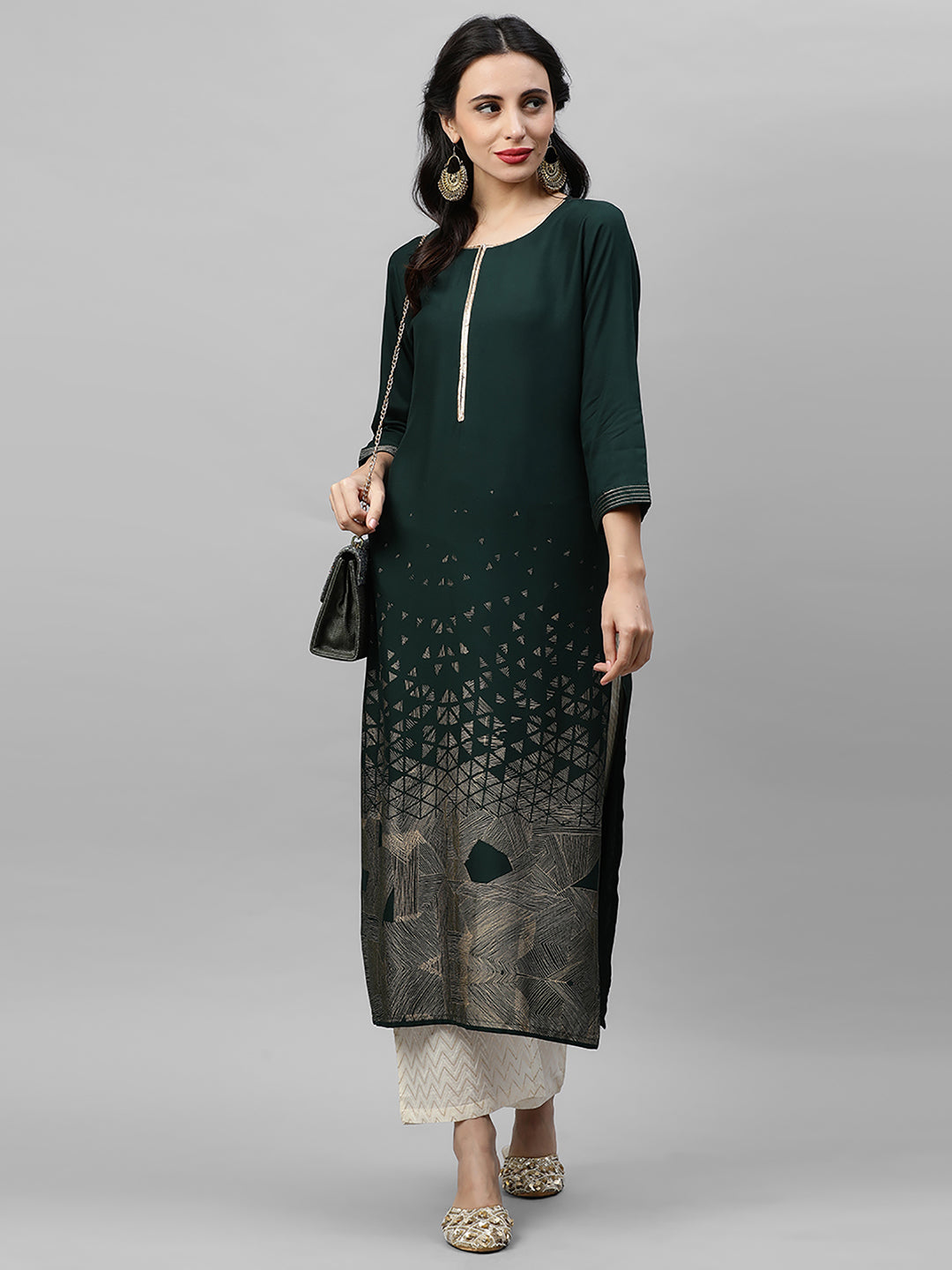 Indo Era Green Foil Printed Straight Kurtas