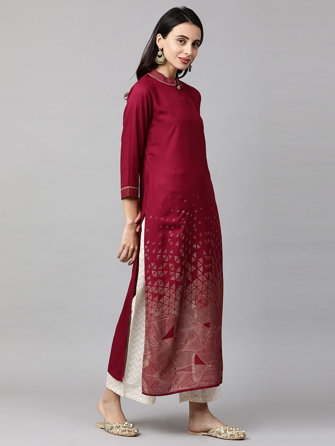 Indo Era Magenta Foil Printed Straight Kurtas