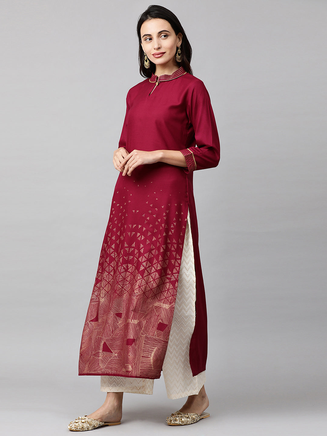 Indo Era Magenta Foil Printed Straight Kurtas