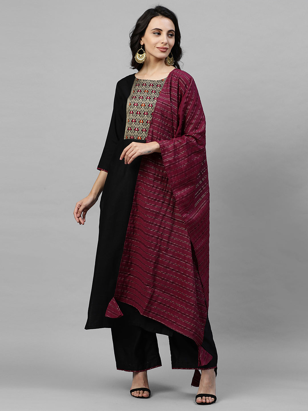 Indo Era Black Solid Kurta Palazzo with Dupatta Sets