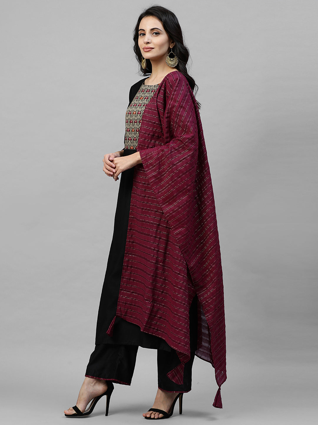 Indo Era Black Solid Kurta Palazzo with Dupatta Sets