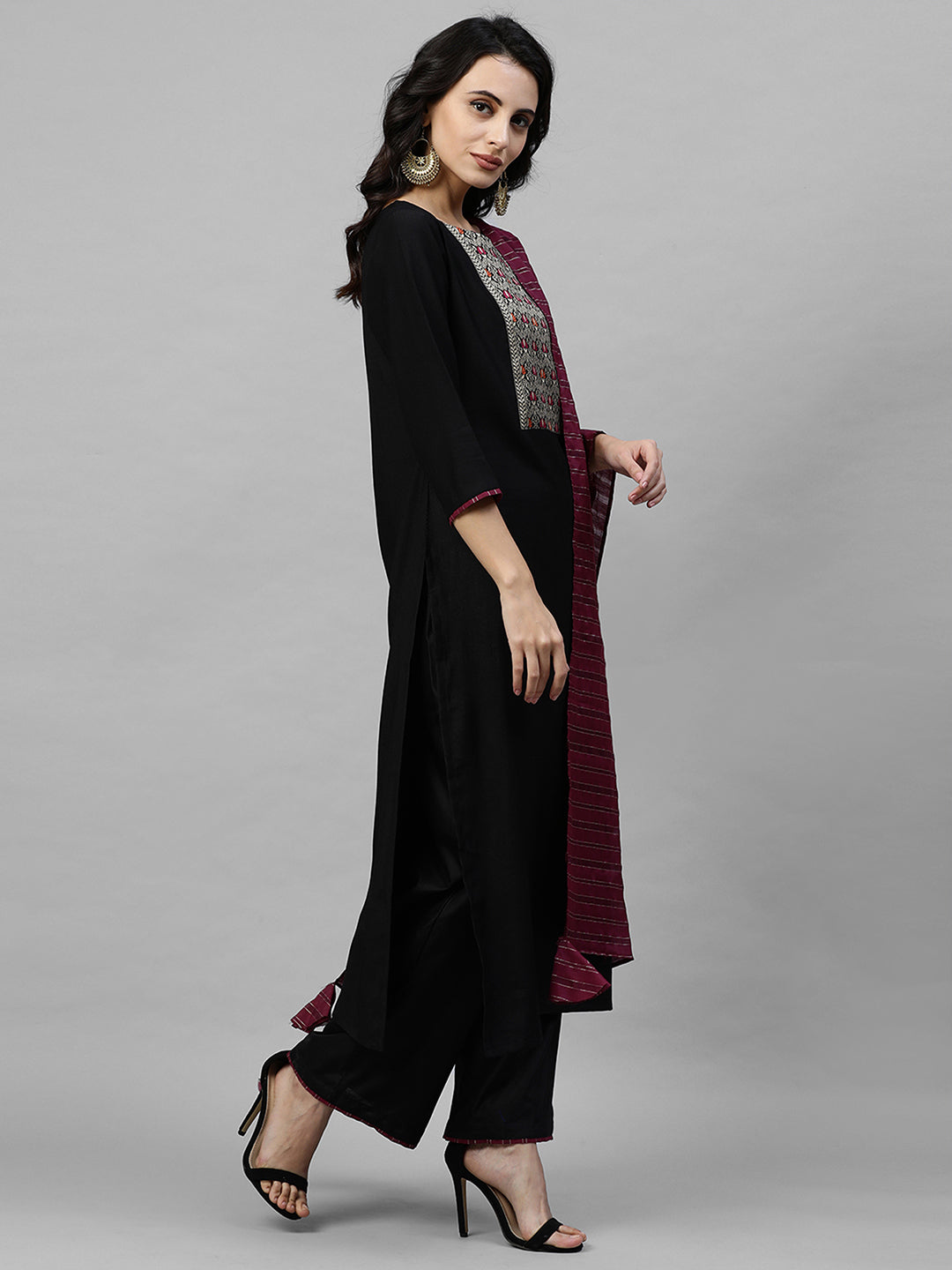 Indo Era Black Solid Kurta Palazzo with Dupatta Sets