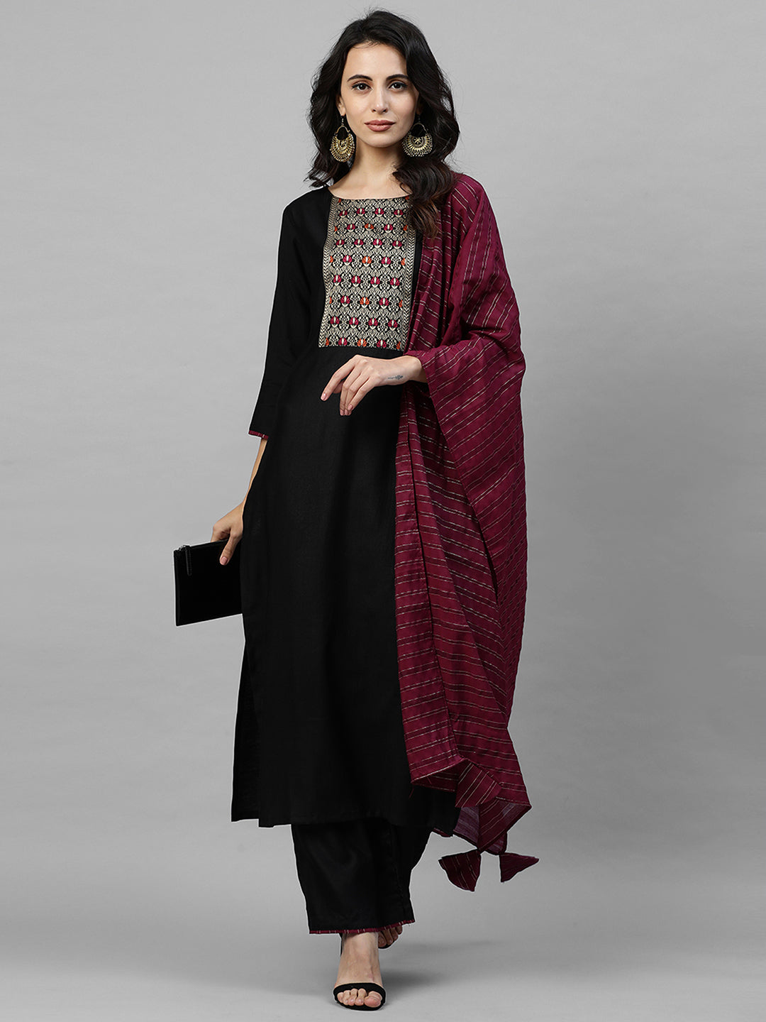 Indo Era Black Solid Kurta Palazzo with Dupatta Sets