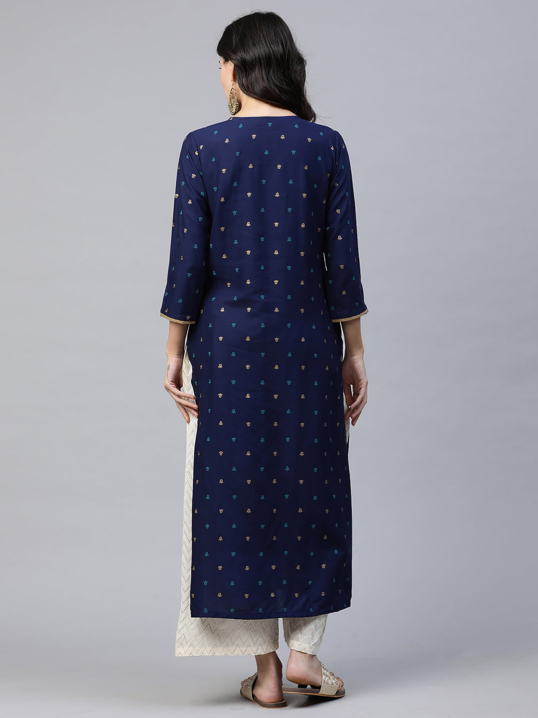 Indo Era Blue Foil Printed Straight Kurtas