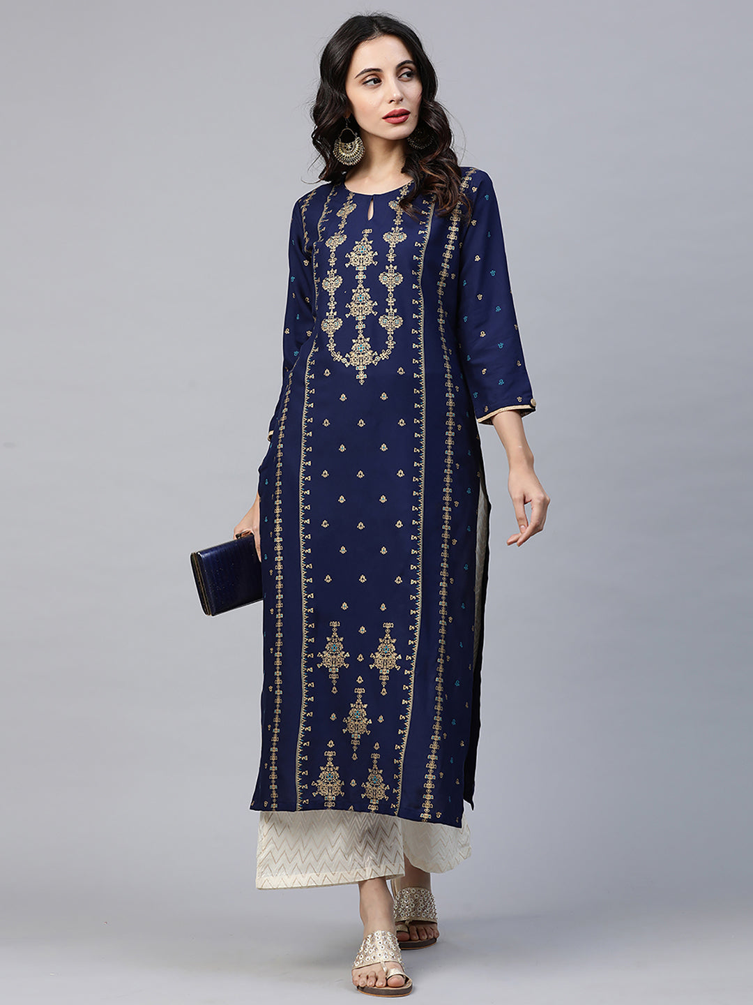 Indo Era Blue Foil Printed Straight Kurtas