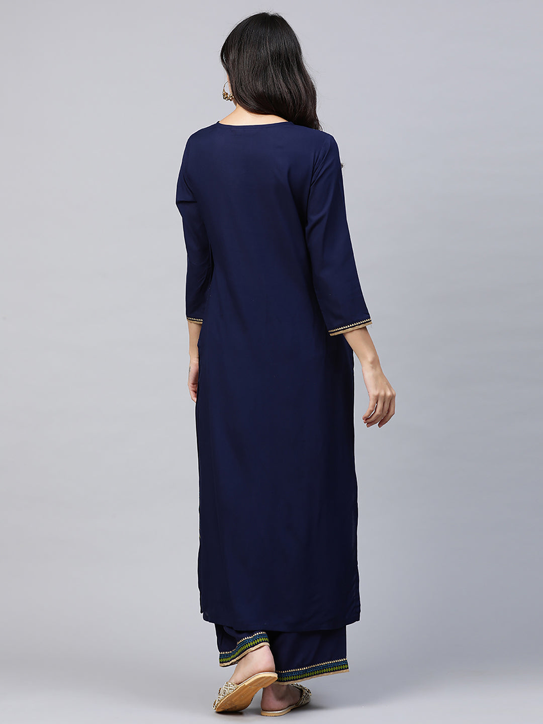 Indo Era Blue Foil Printed Straight Kurtas