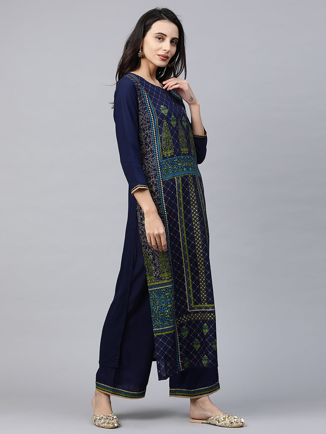 Indo Era Blue Foil Printed Straight Kurtas