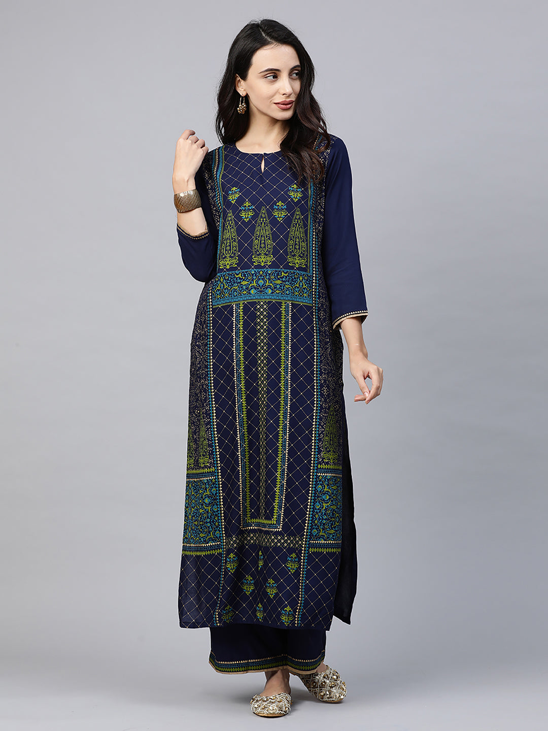 Indo Era Blue Foil Printed Straight Kurtas