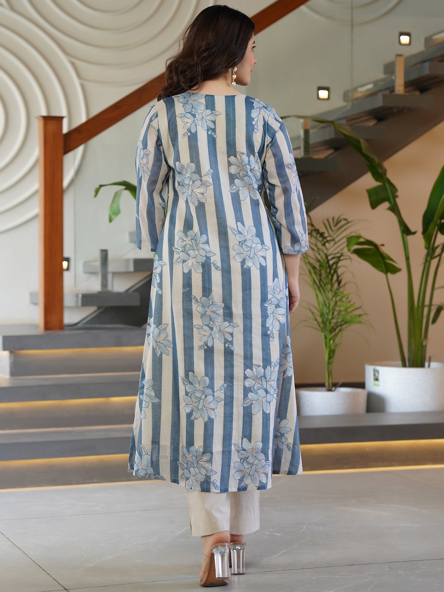 Indo Era Blue Printed A-Line Kurta Trousers Set