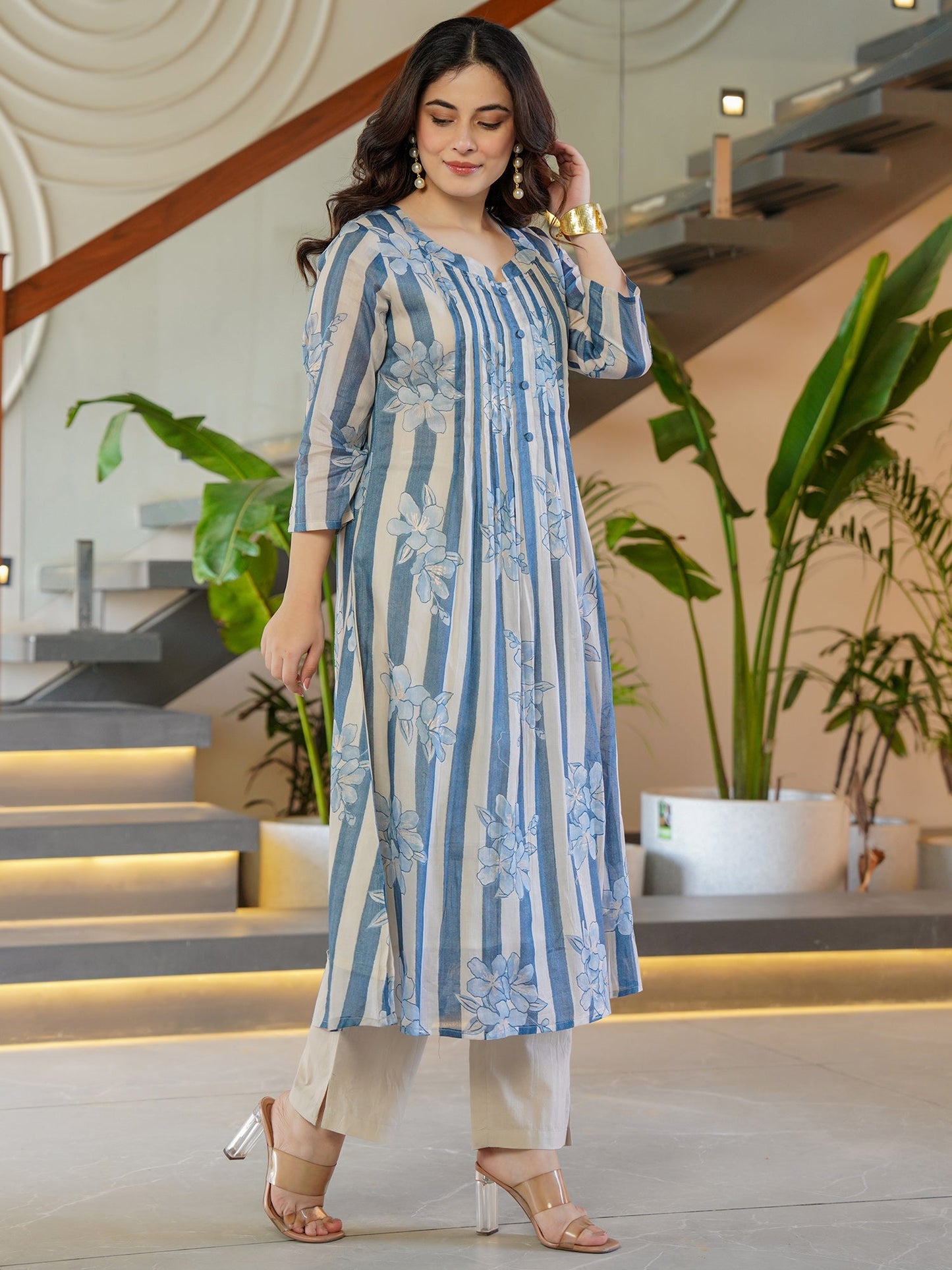 Indo Era Blue Printed A-Line Kurta Trousers Set