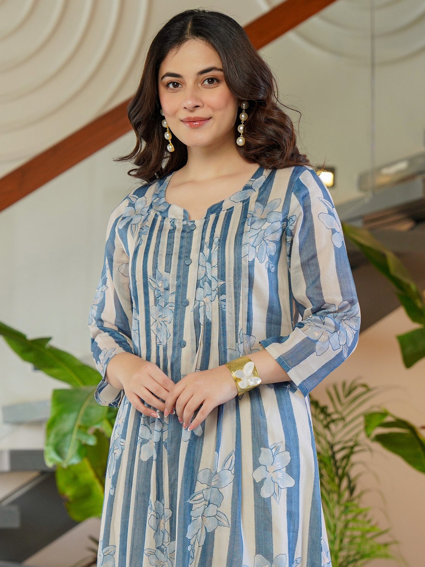 Indo Era Blue Printed A-Line Kurta Trousers Set