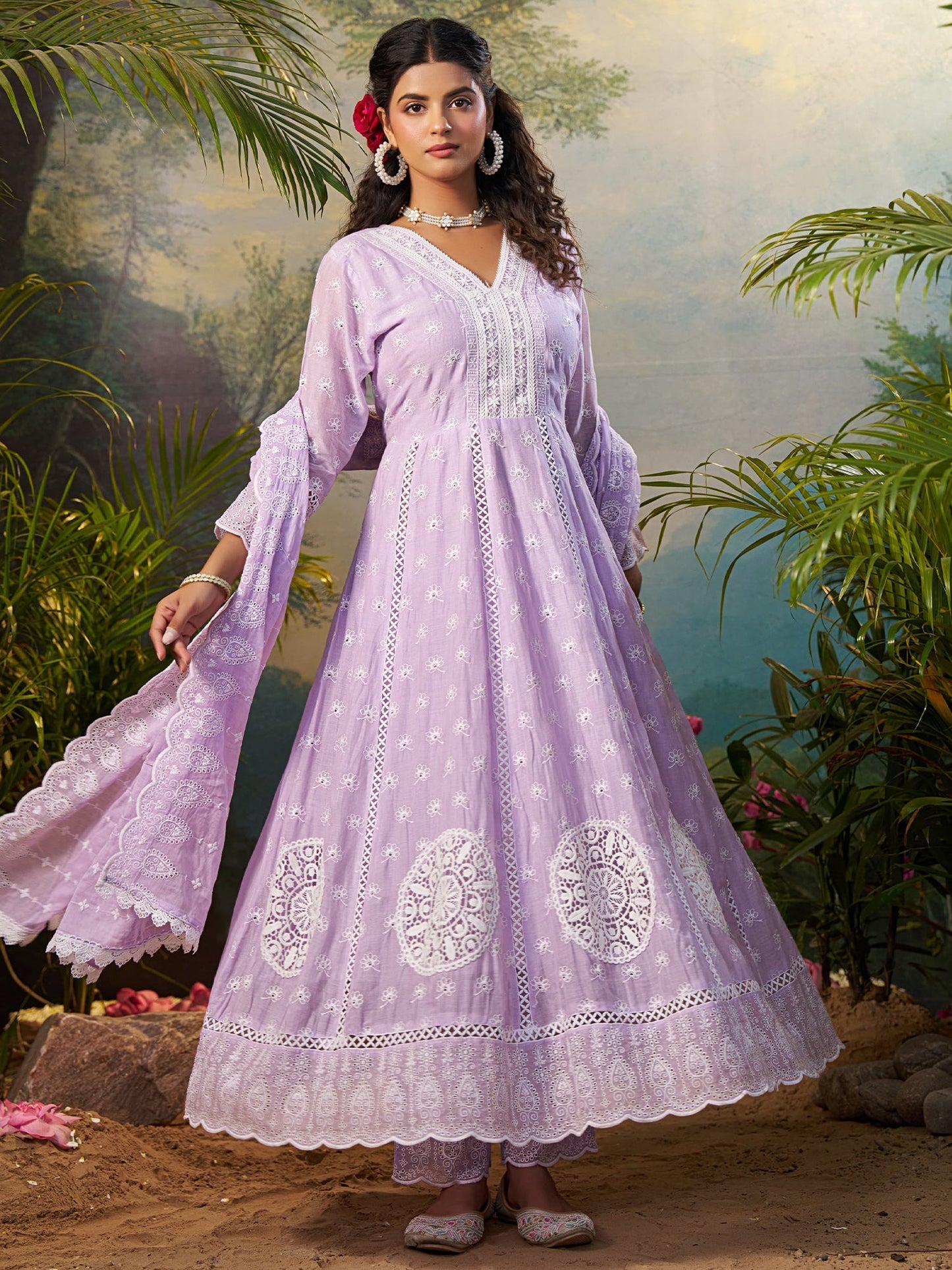 Indo Era Lavender Embroidered Anarkali Kurta Trousers With Dupatta Set