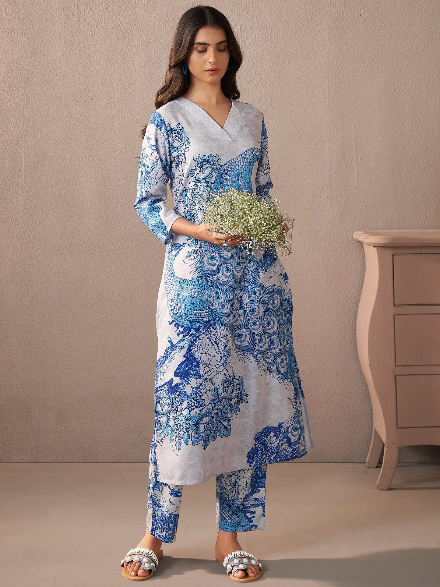 Indo Era Blue Printed Straight Kurta Trousers Set