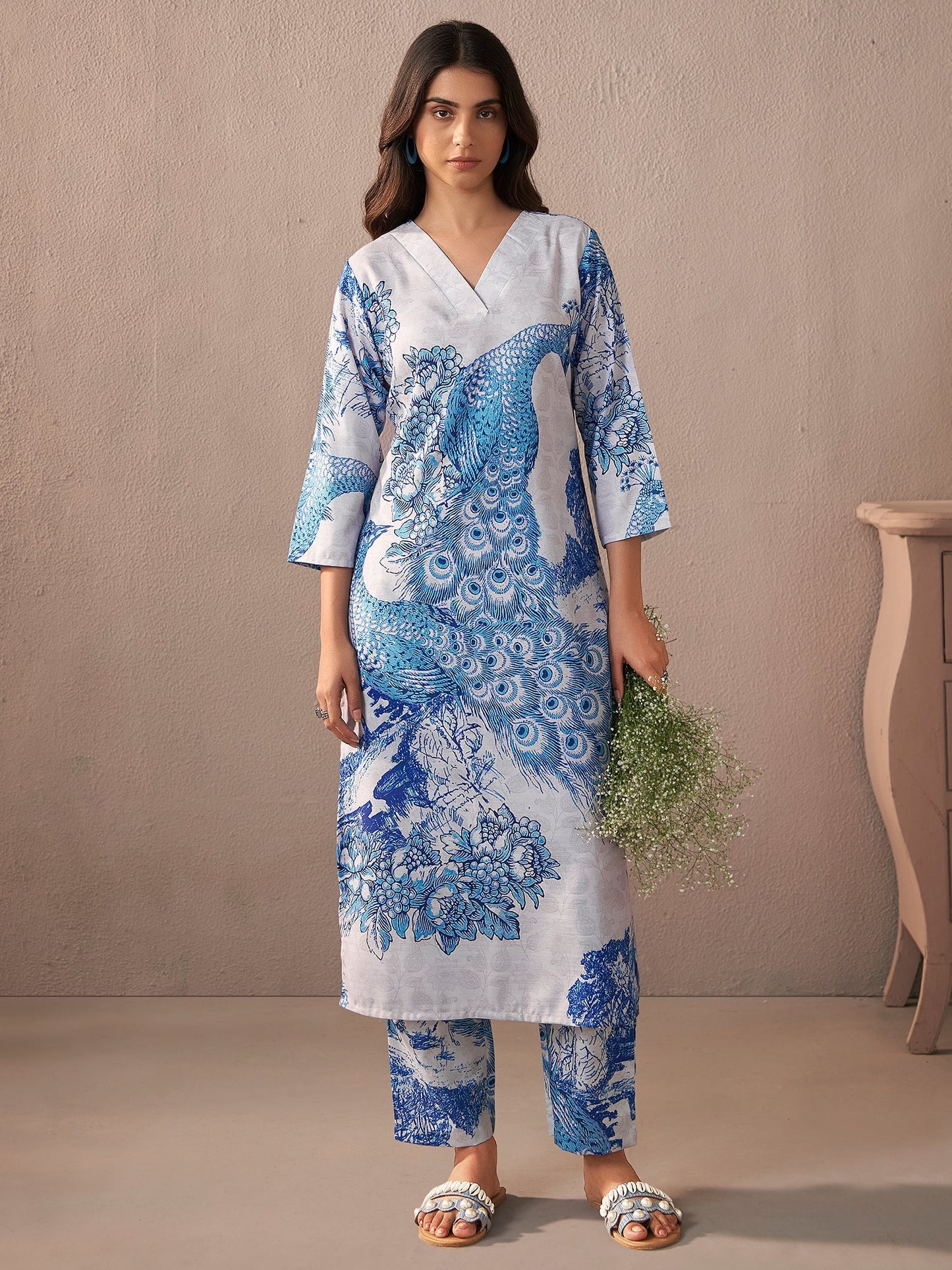 Indo Era Blue Printed Straight Kurta Trousers Set