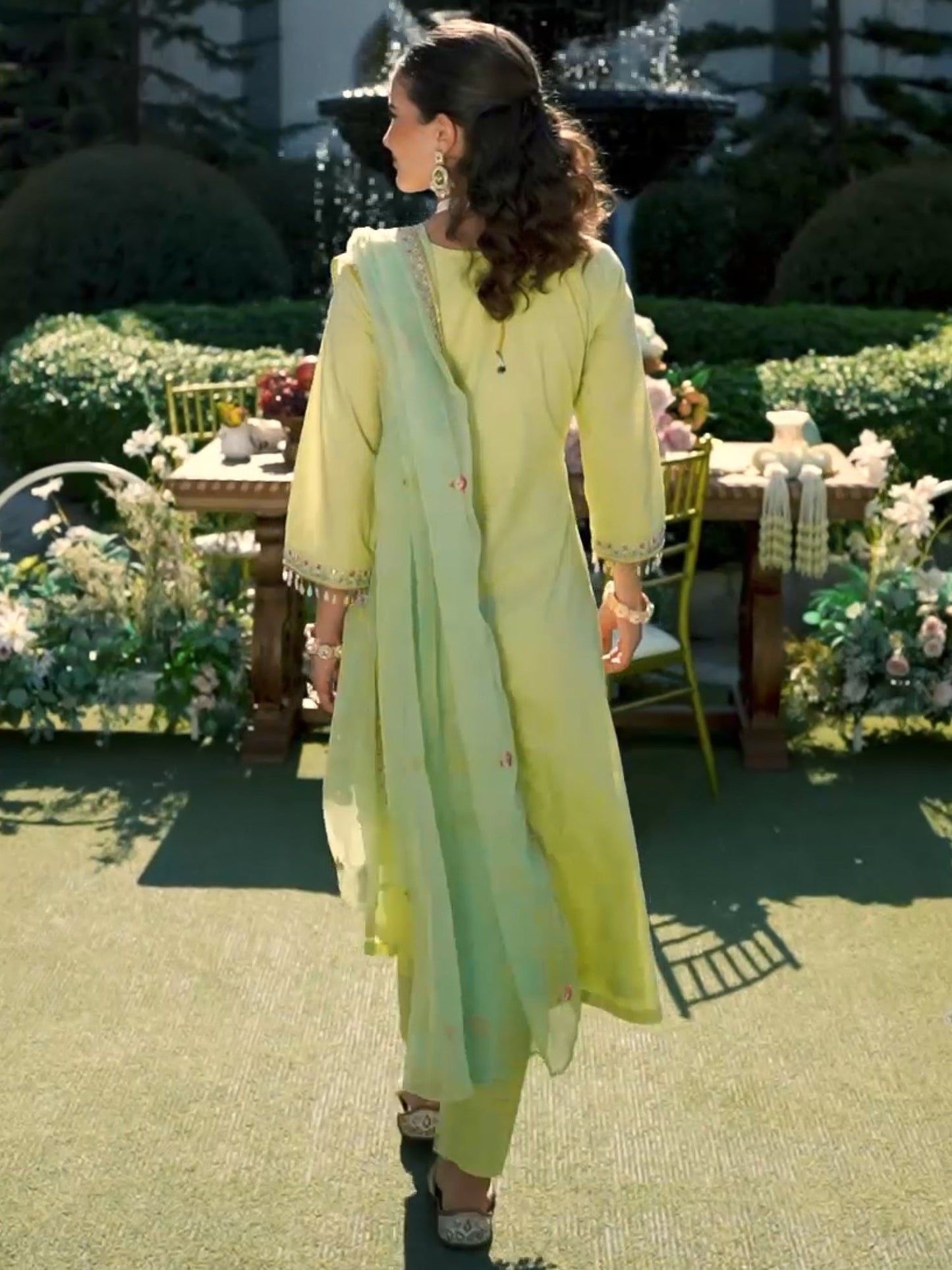 Green Embroidered A-Line Kurta Trousers With Dupatta Set