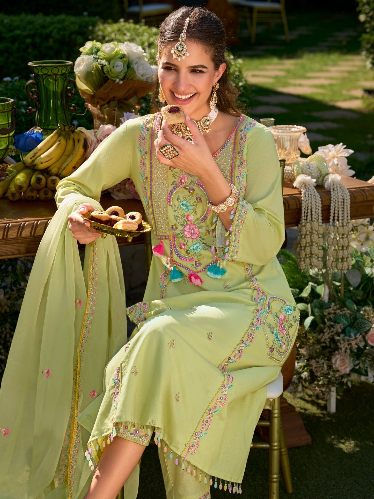 Green Embroidered A-Line Kurta Trousers With Dupatta Set