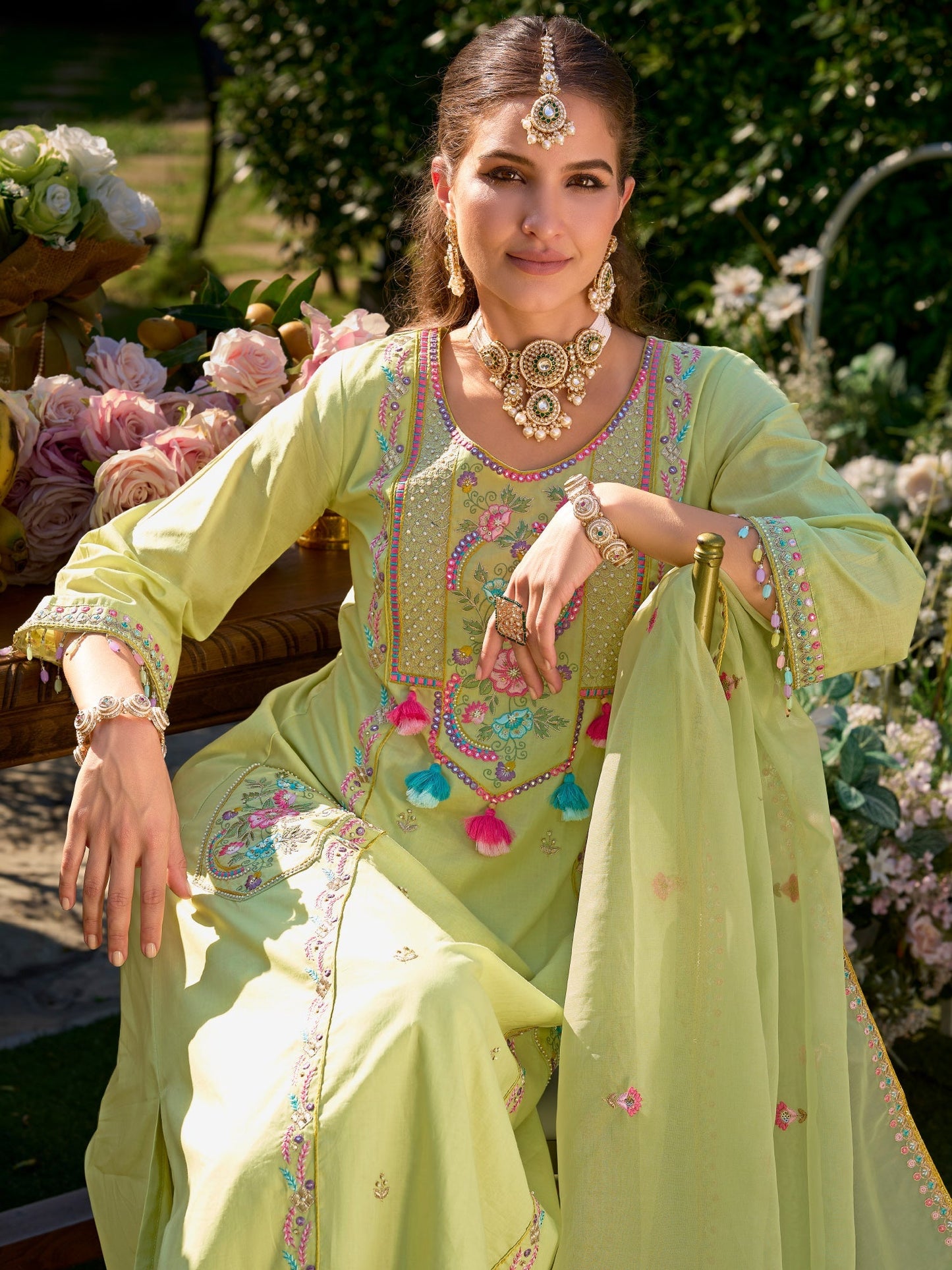 Green Embroidered A-Line Kurta Trousers With Dupatta Set