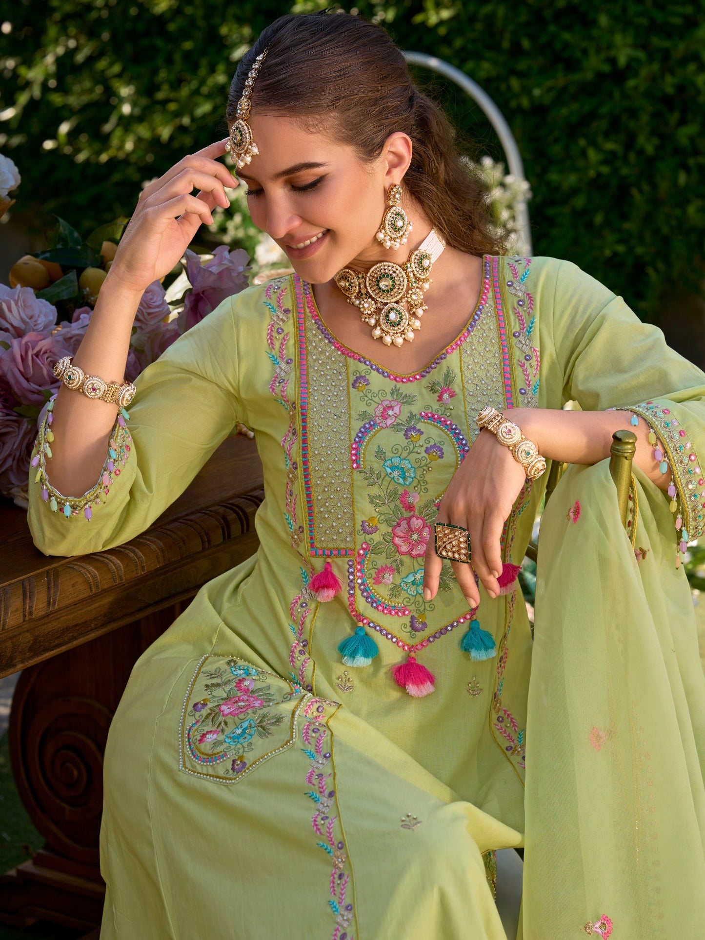 Green Embroidered A-Line Kurta Trousers With Dupatta Set