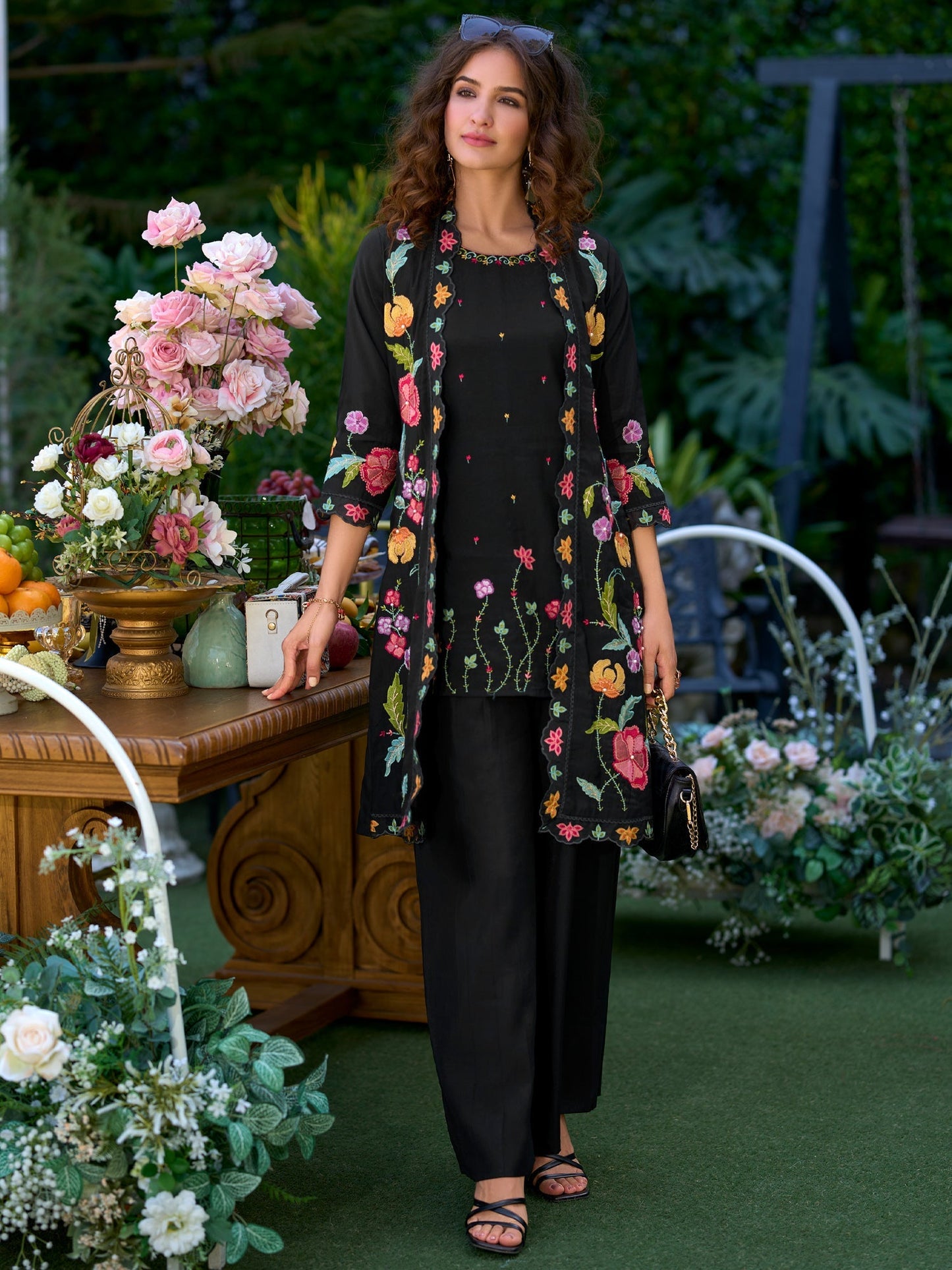 Black Embroidered A-Line Kurta Palazzos Set