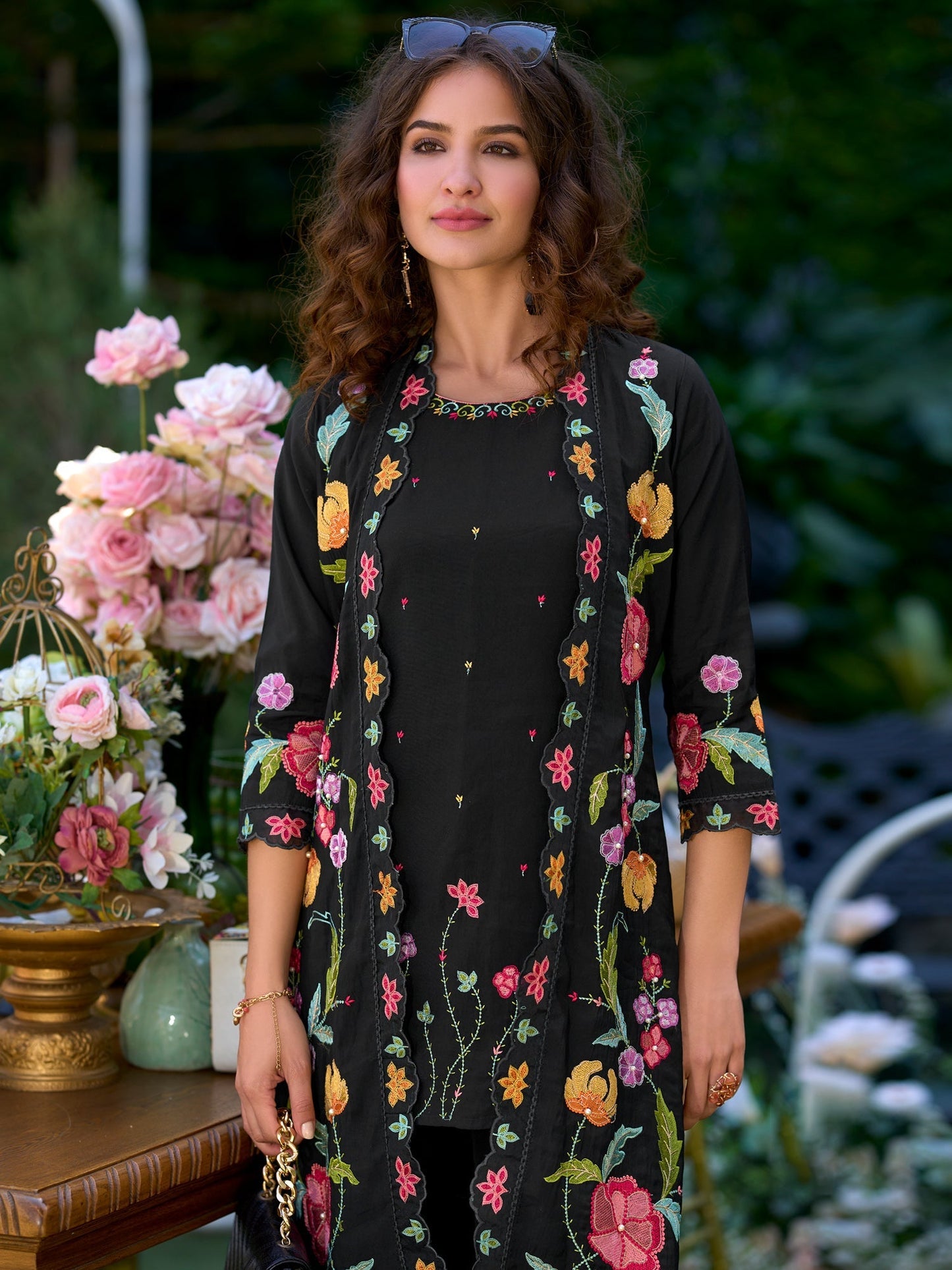 Black Embroidered A-Line Kurta Palazzos Set