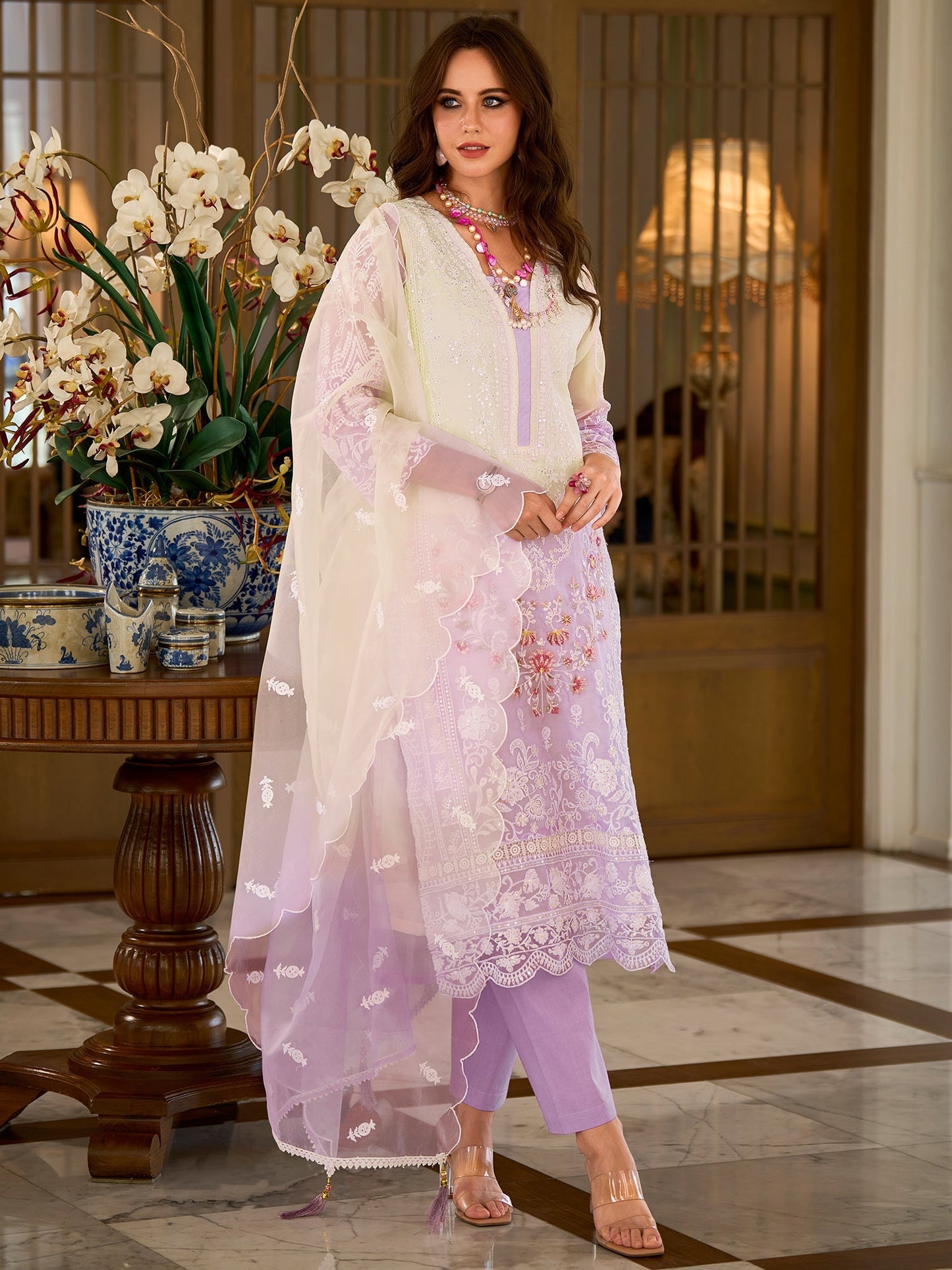 Lavender Embroidered Straight Kurta Trousers With Dupatta Set