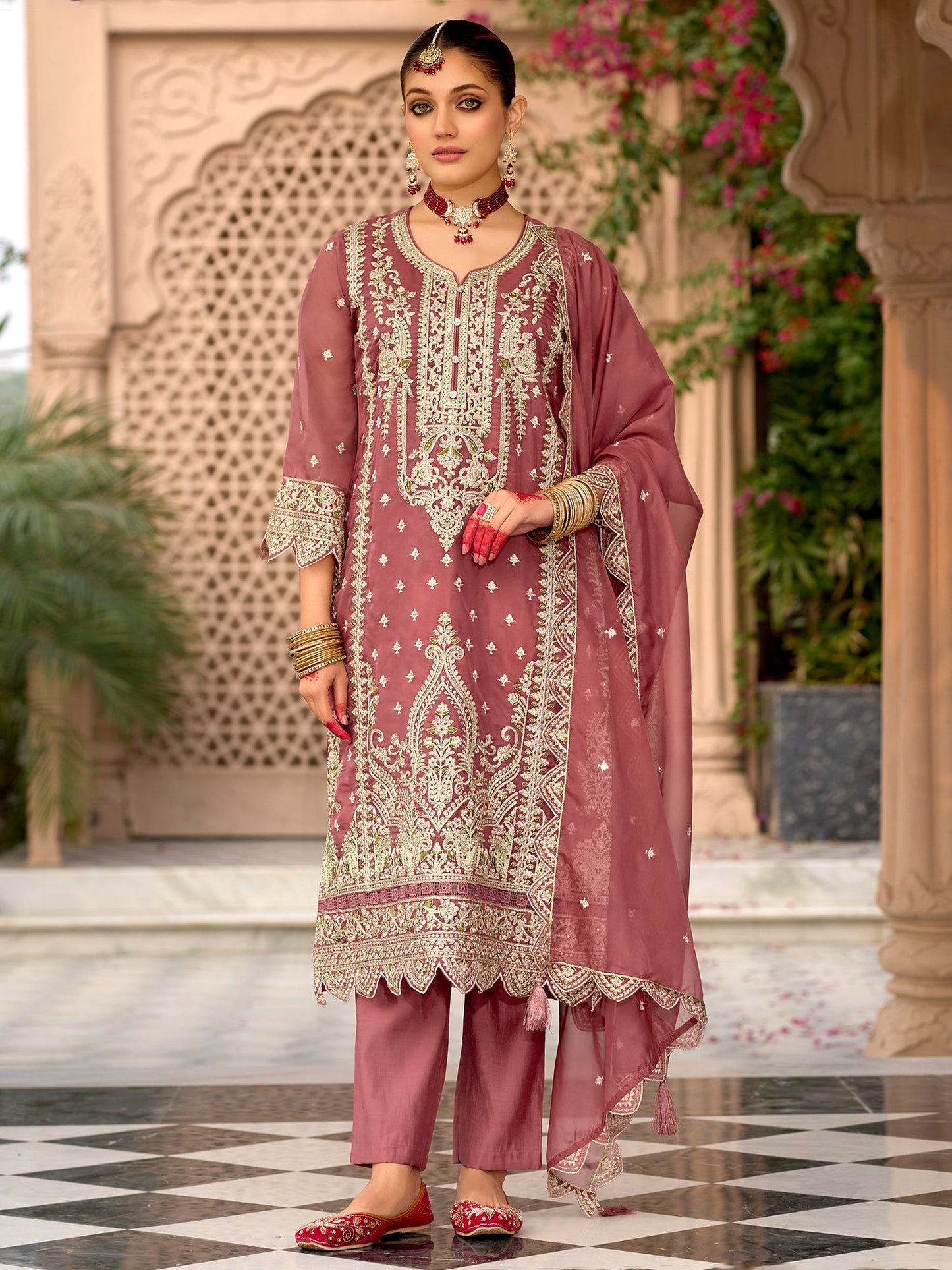 Mauve Embroidered Straight Kurta Trousers With Dupatta Set