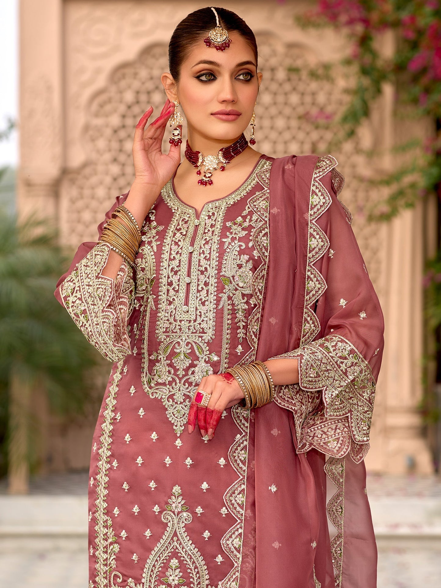 Mauve Embroidered Straight Kurta Trousers With Dupatta Set