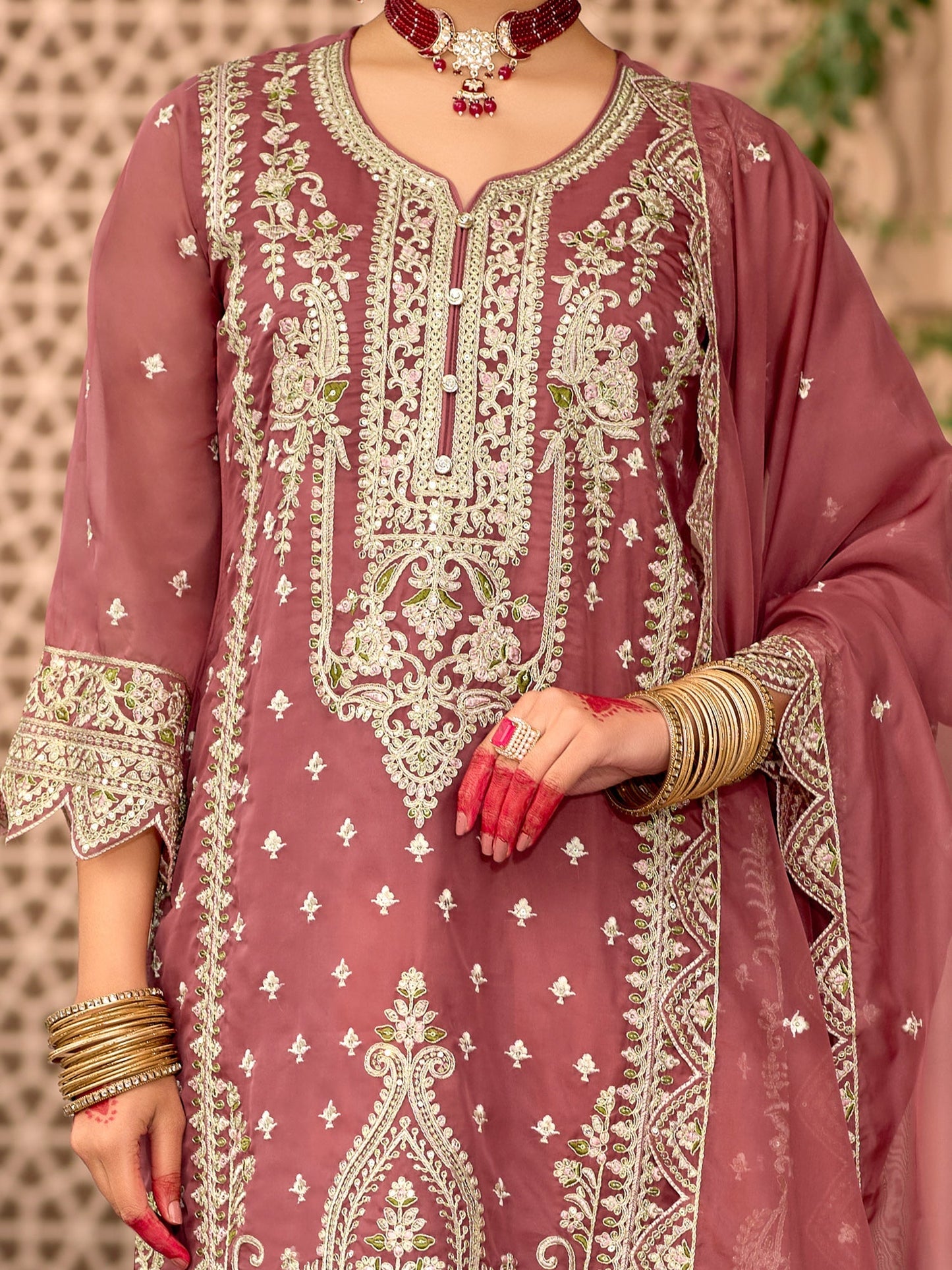 Mauve Embroidered Straight Kurta Trousers With Dupatta Set