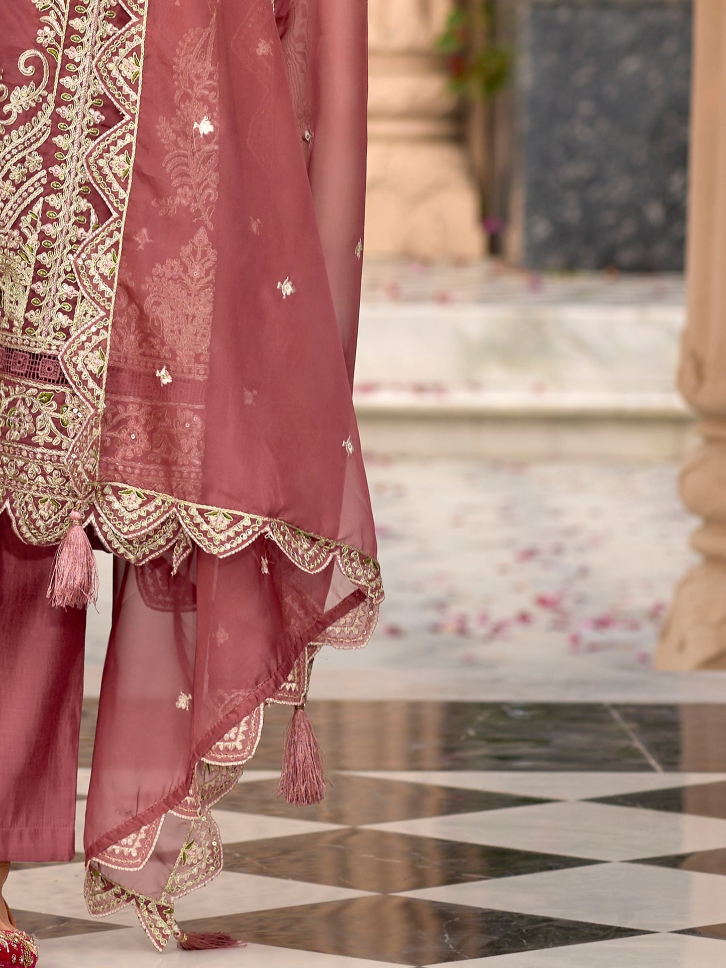 Mauve Embroidered Straight Kurta Trousers With Dupatta Set