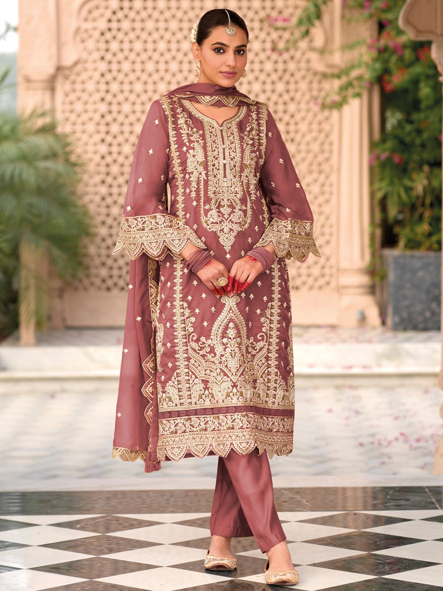 Mauve Embroidered Straight Kurta Trousers With Dupatta Set