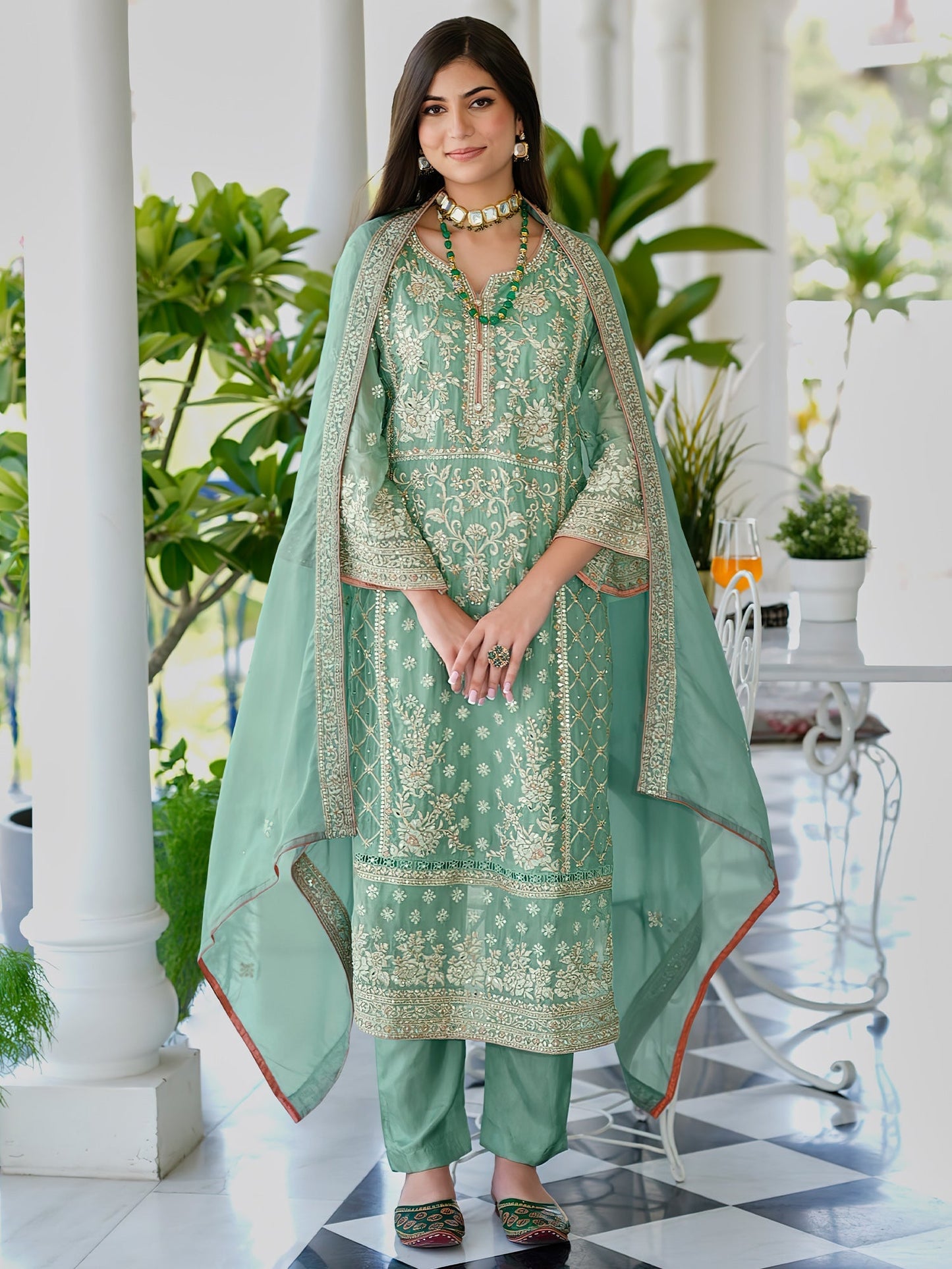 Indo Era Green Embroidered Straight Kurta Trousers With Dupatta Set
