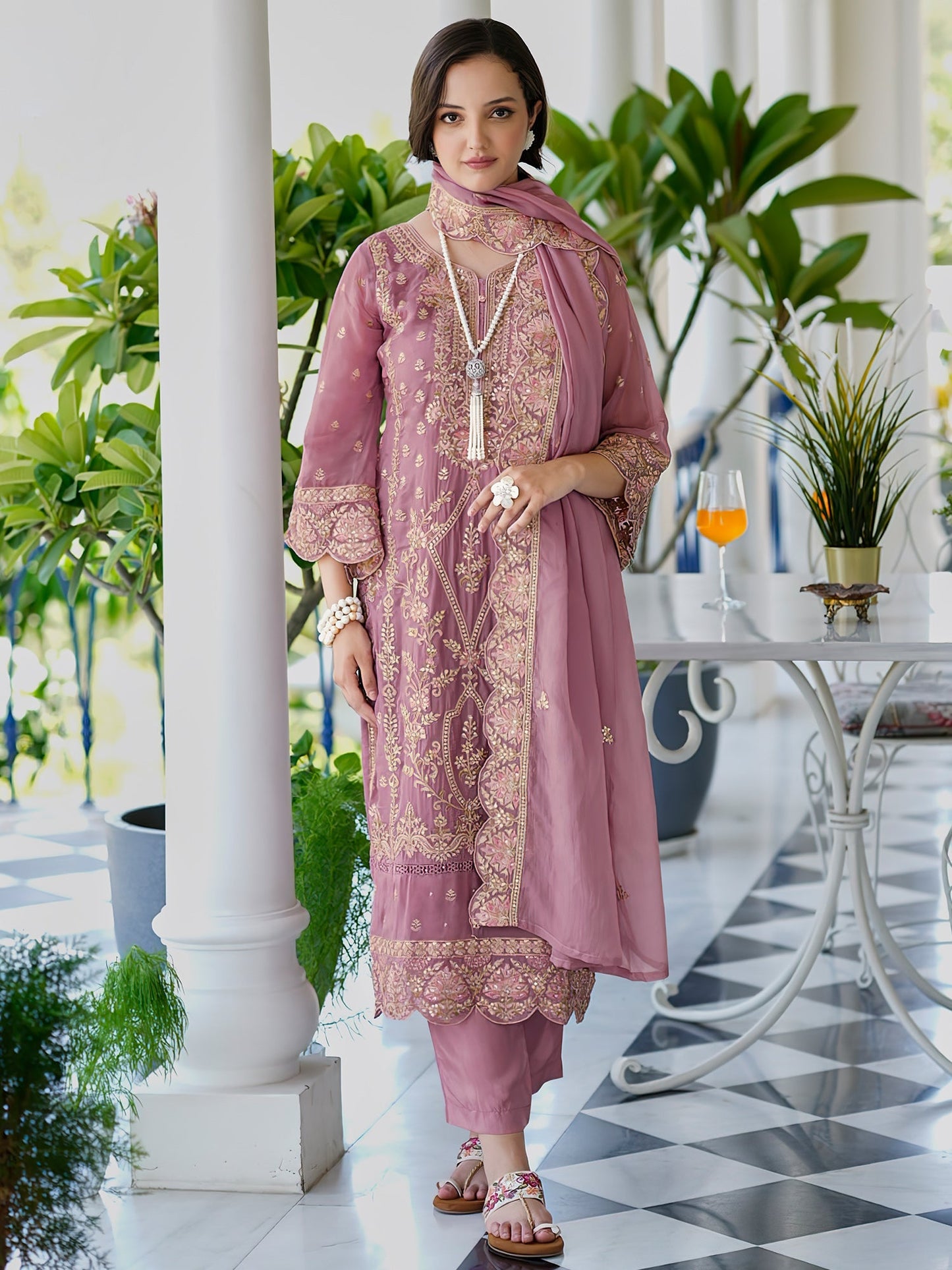 Mauve Embroidered Straight Kurta Trousers With Dupatta Set