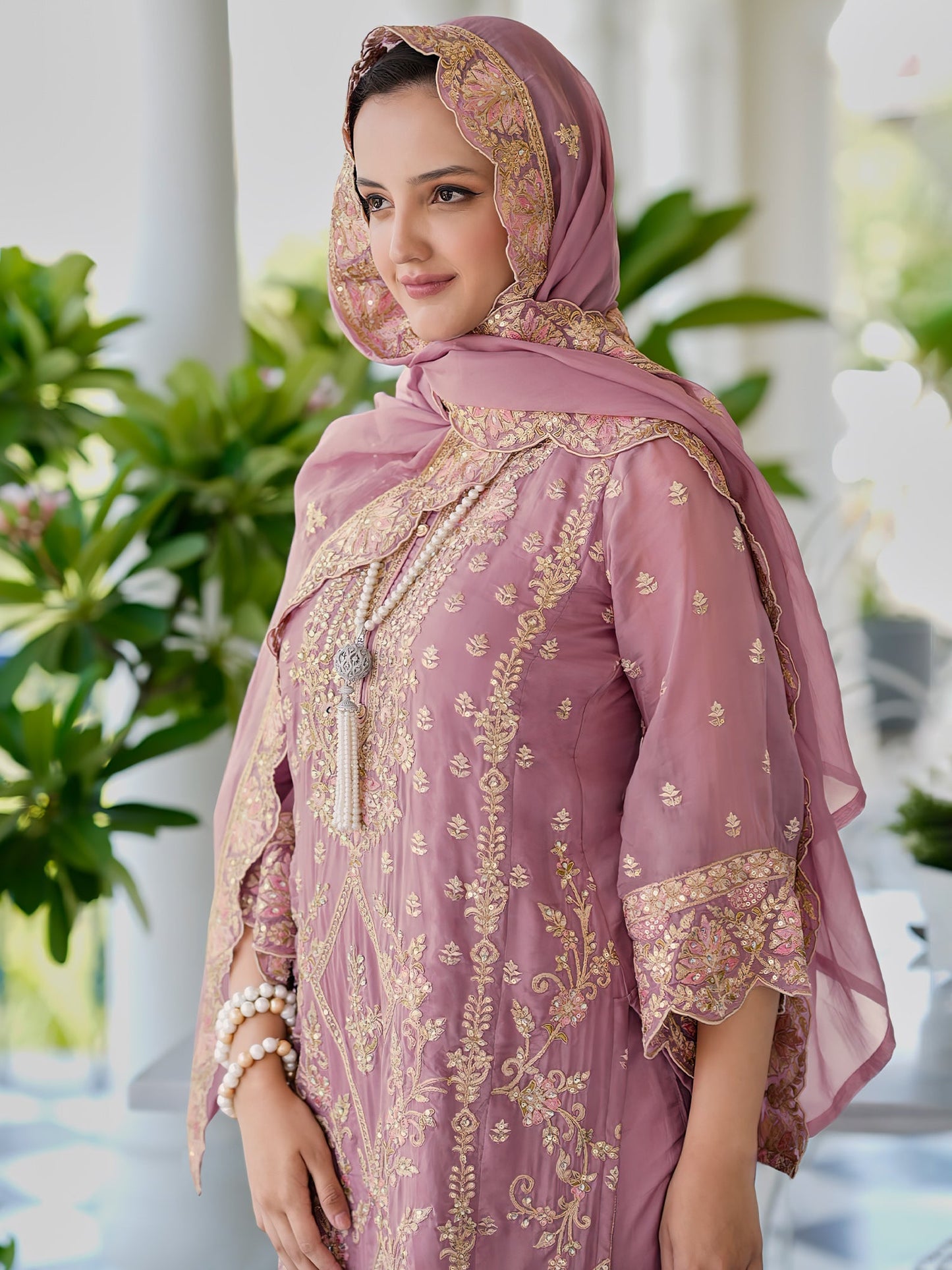 Mauve Embroidered Straight Kurta Trousers With Dupatta Set