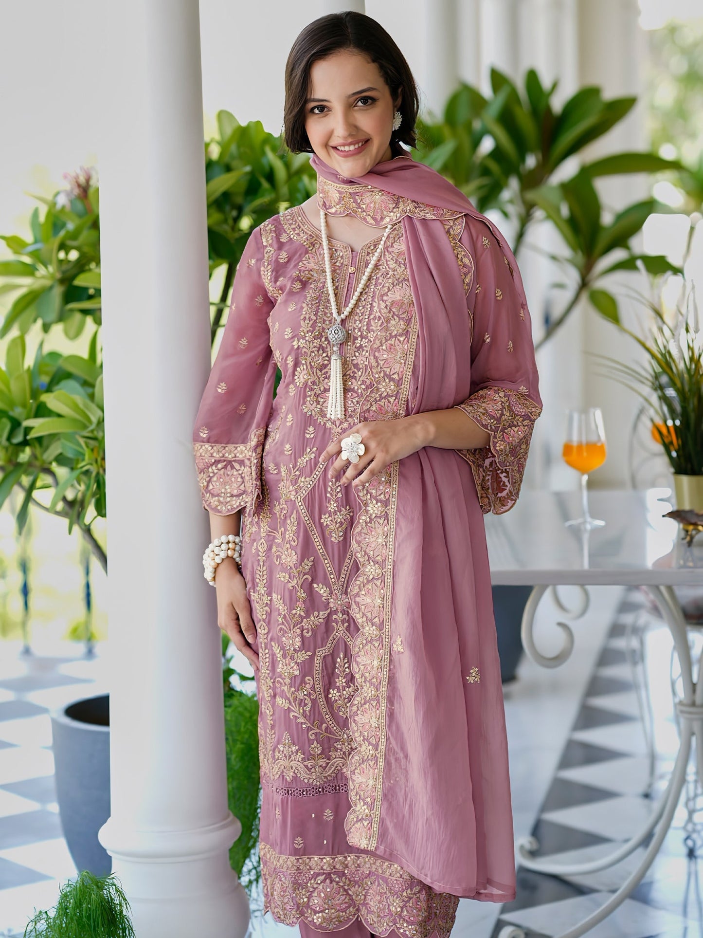 Mauve Embroidered Straight Kurta Trousers With Dupatta Set