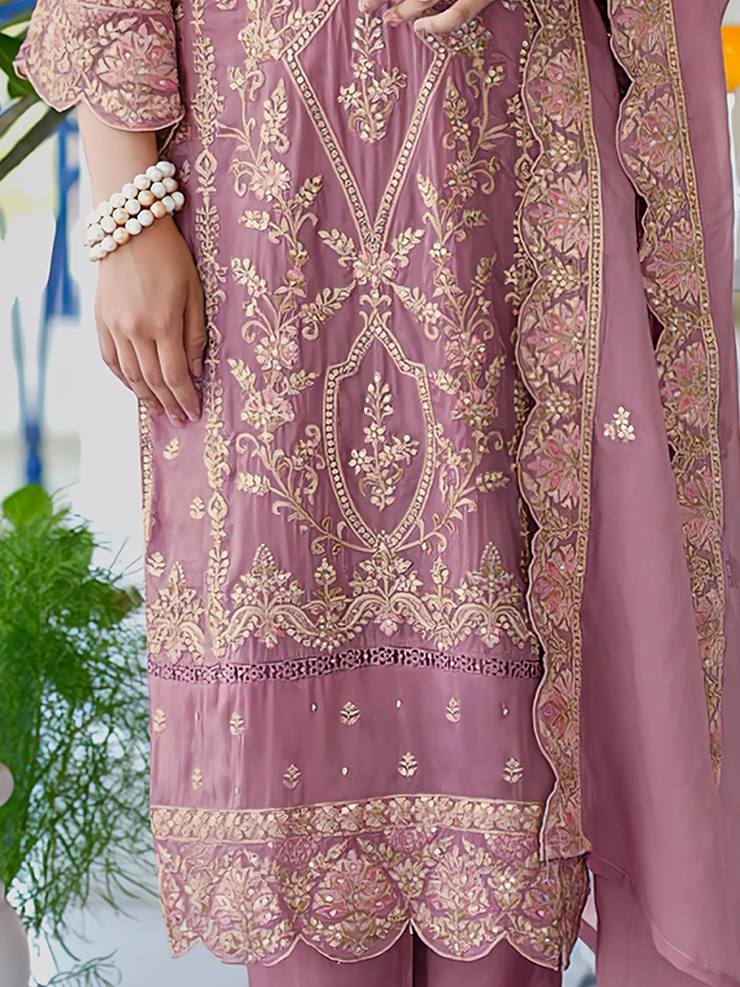 Mauve Embroidered Straight Kurta Trousers With Dupatta Set