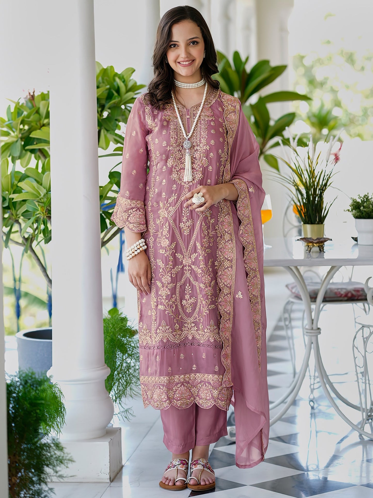 Mauve Embroidered Straight Kurta Trousers With Dupatta Set