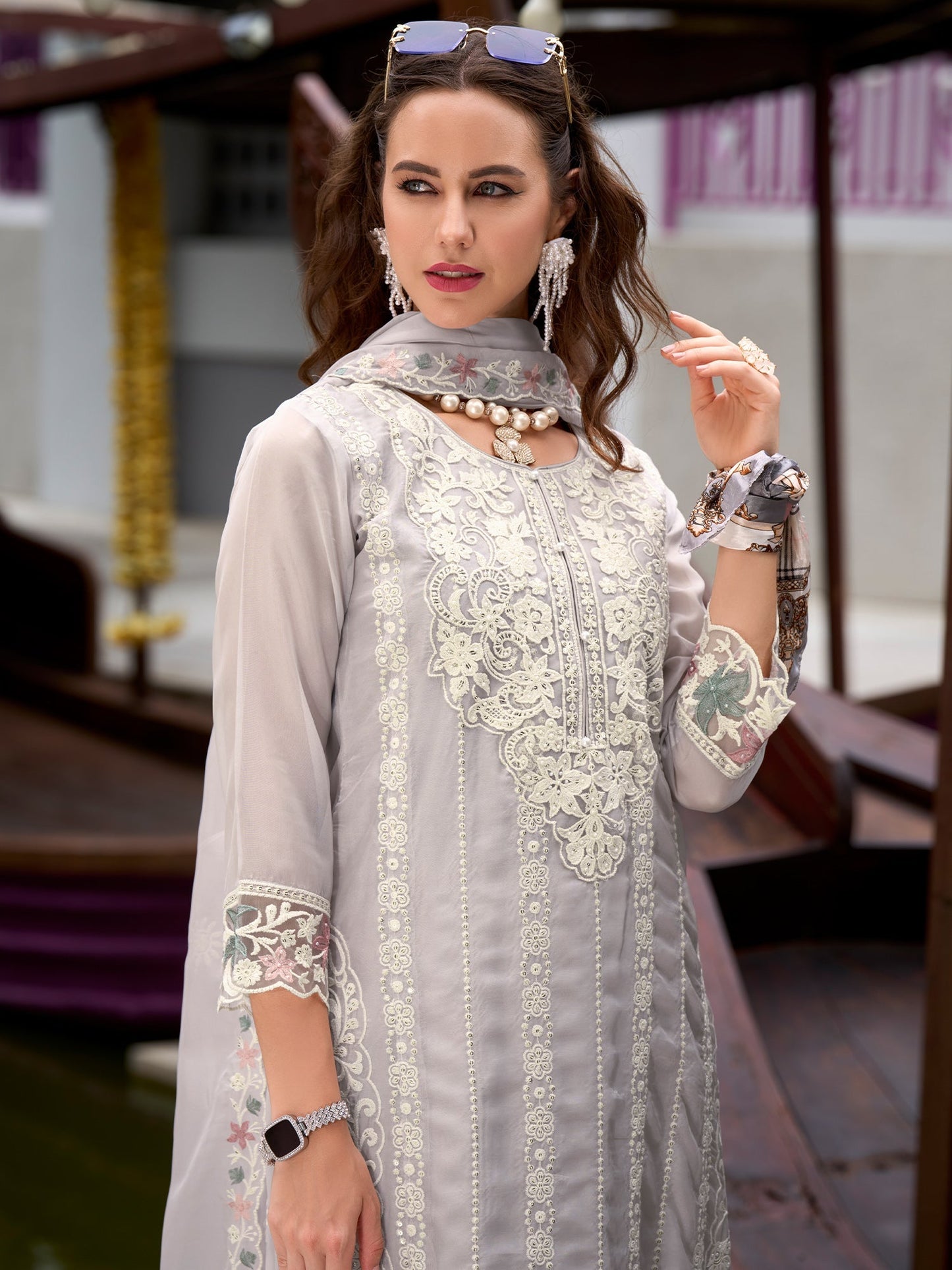 Indo Era Grey Embroidered Straight Kurta Trousers With Dupatta Set