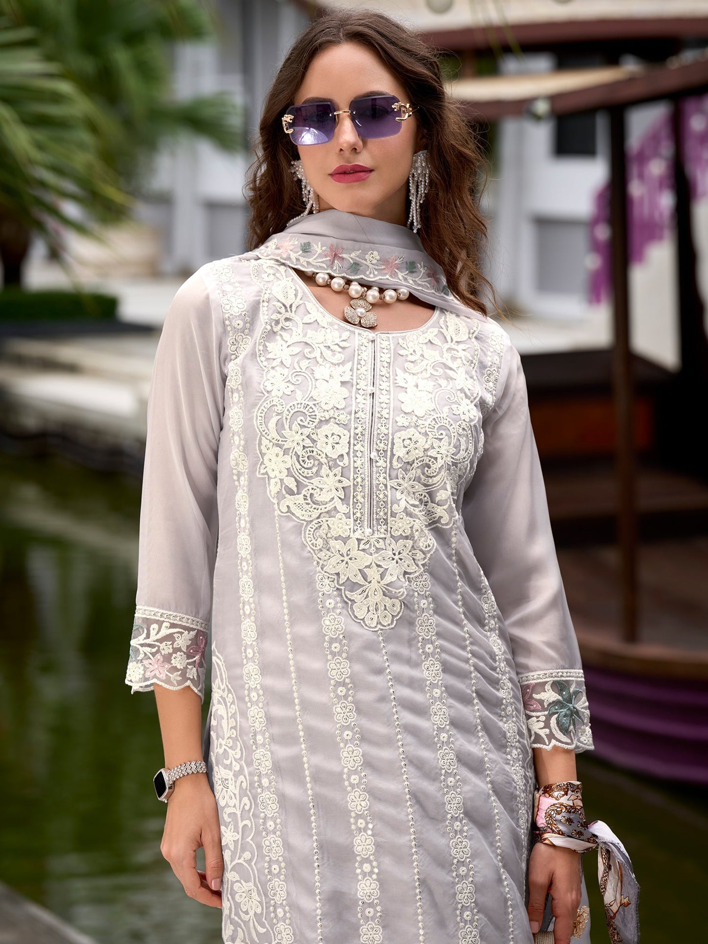 Indo Era Grey Embroidered Straight Kurta Trousers With Dupatta Set