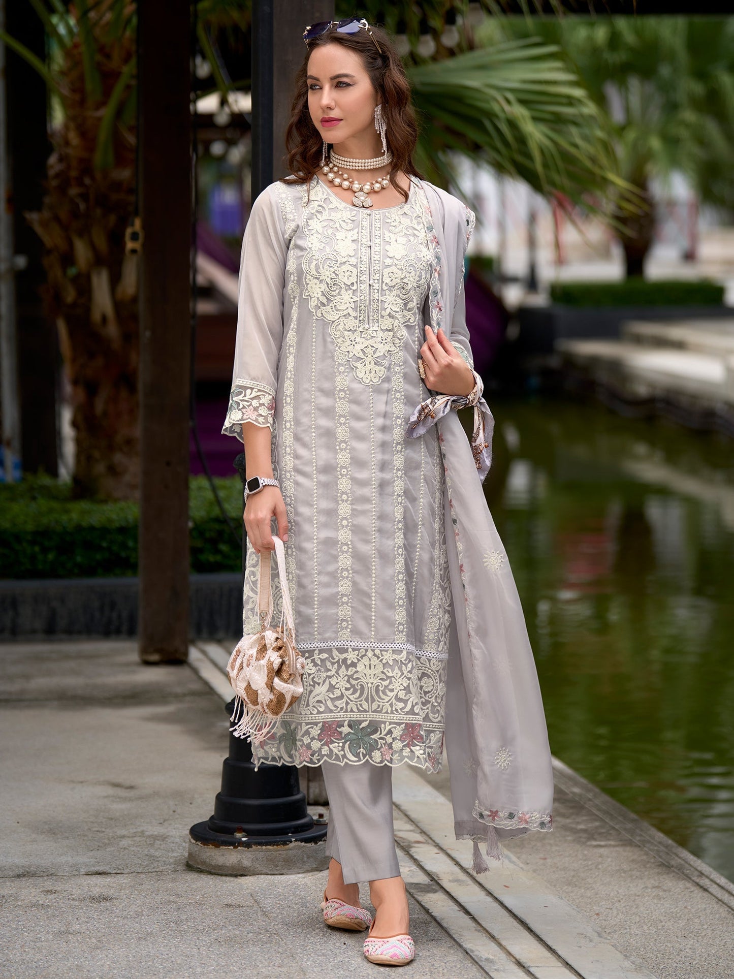 Indo Era Grey Embroidered Straight Kurta Trousers With Dupatta Set