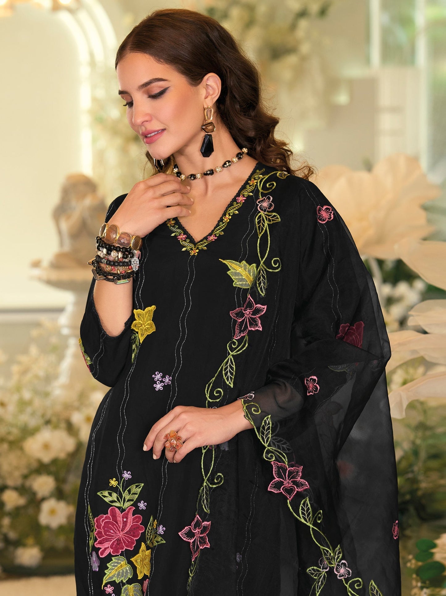 Black Embroidered Straight Kurta Trousers With Dupatta Set