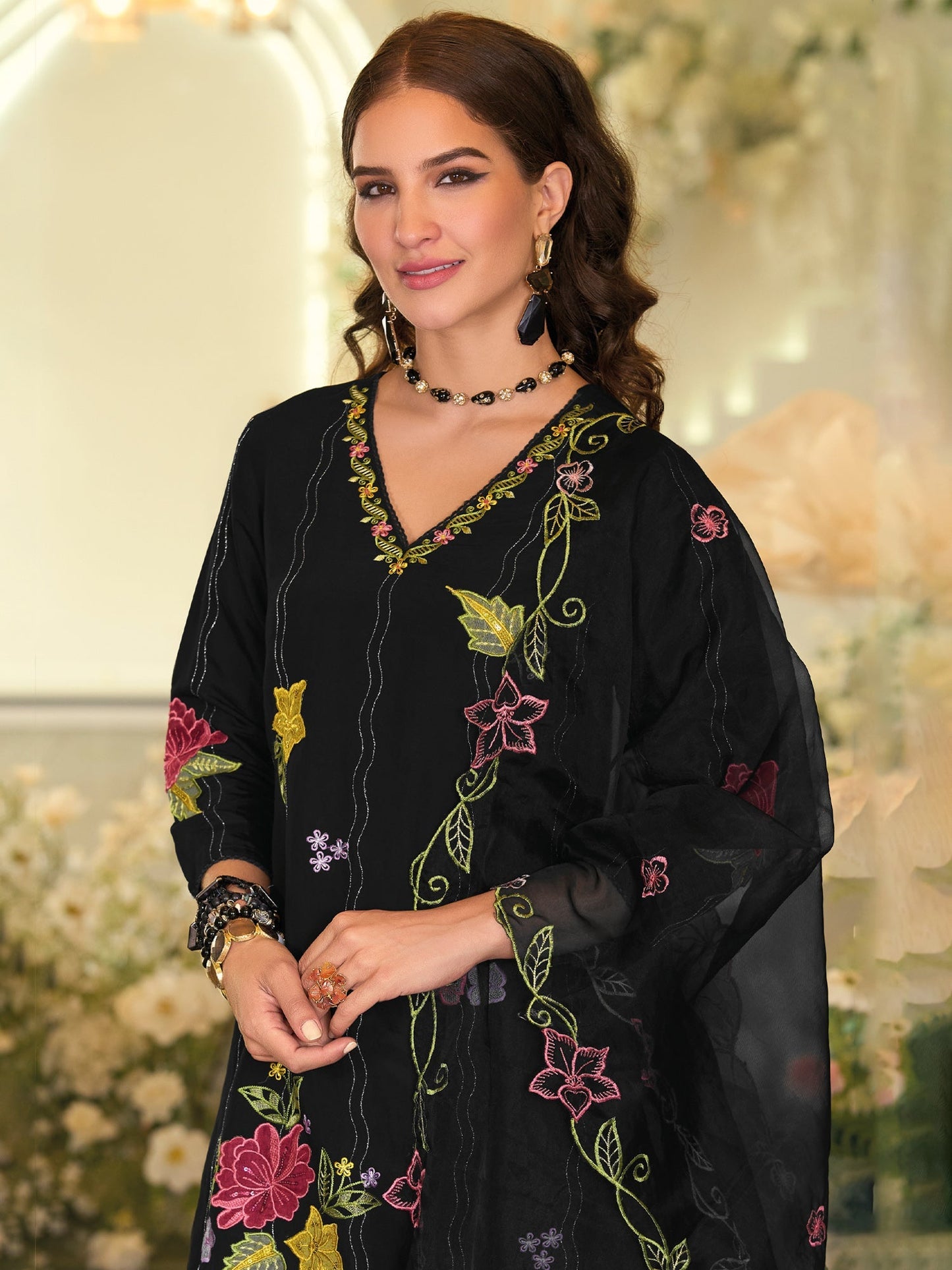 Black Embroidered Straight Kurta Trousers With Dupatta Set