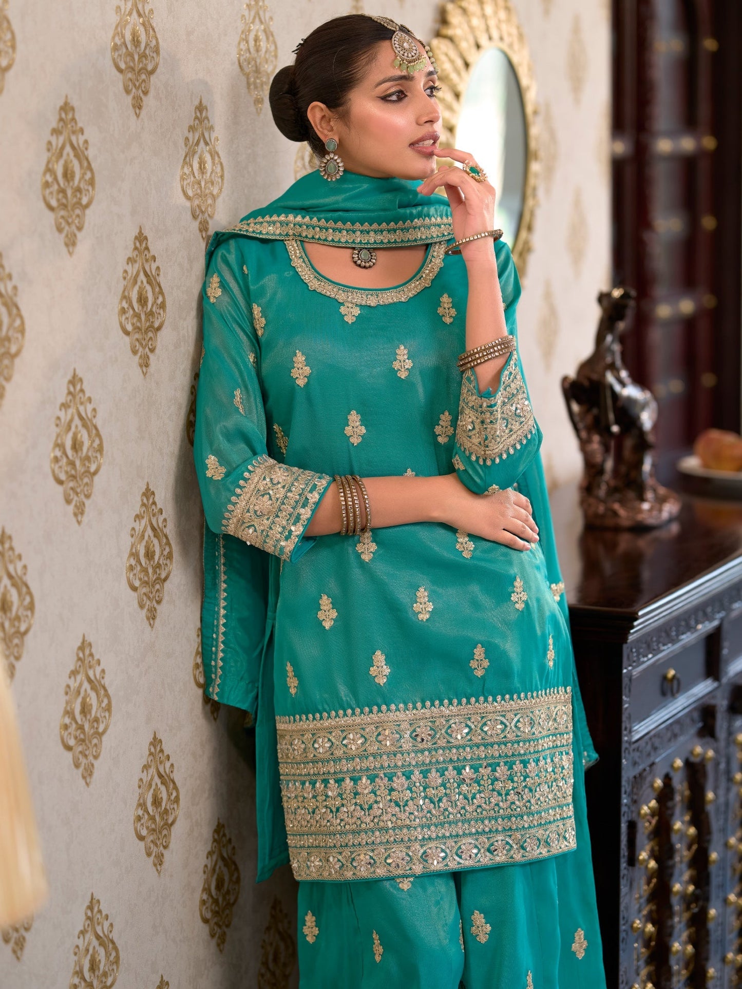 Blue Embroidered Straight Kurta Palazzos With Dupatta Set