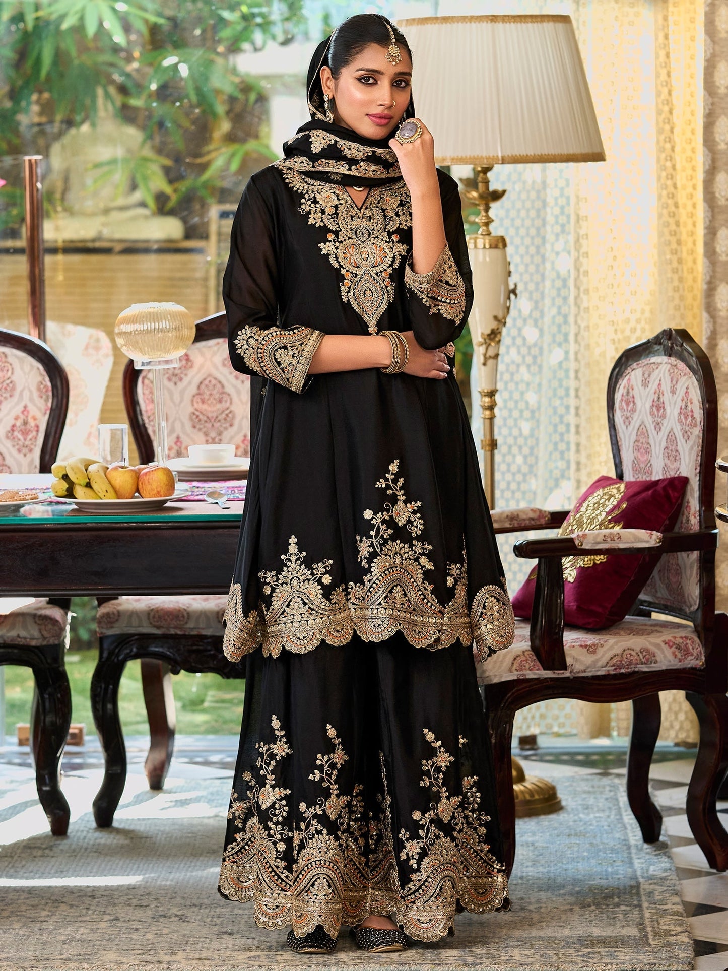 Black Embroidered Straight Kurta Palazzos With Dupatta Set