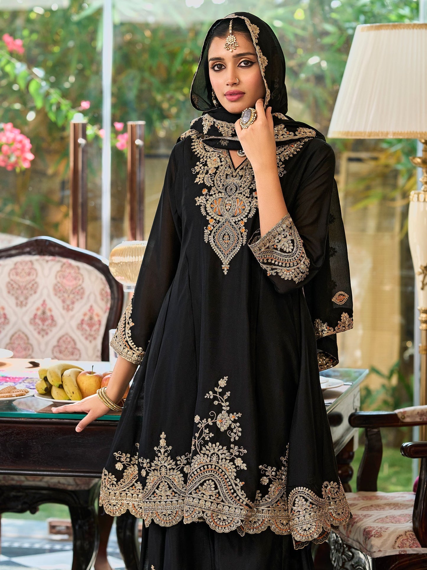 Black Embroidered Straight Kurta Palazzos With Dupatta Set