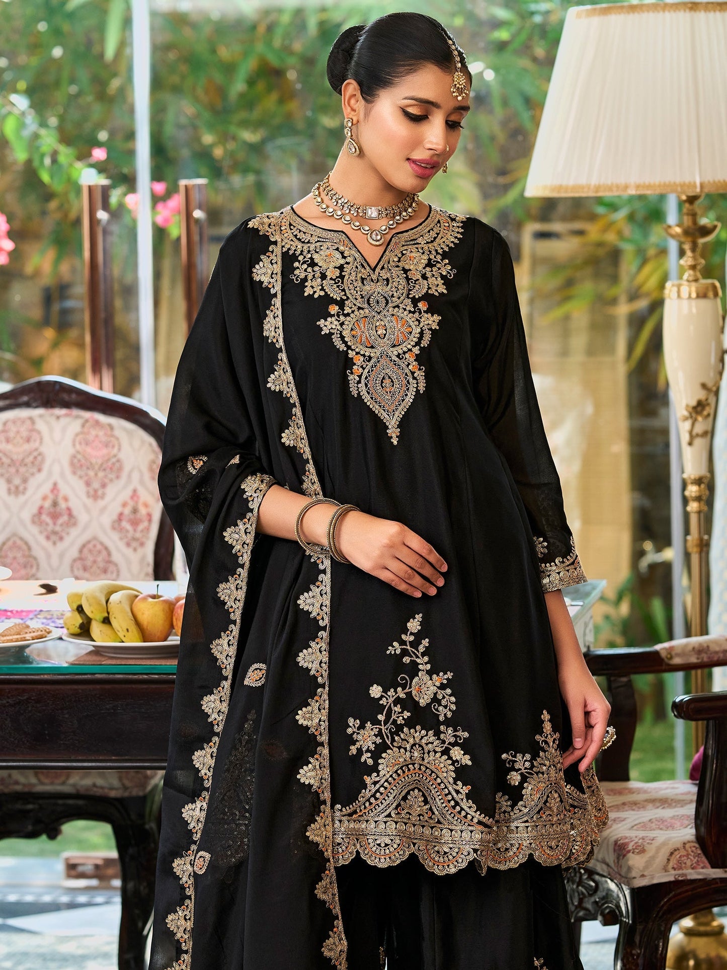 Black Embroidered Straight Kurta Palazzos With Dupatta Set