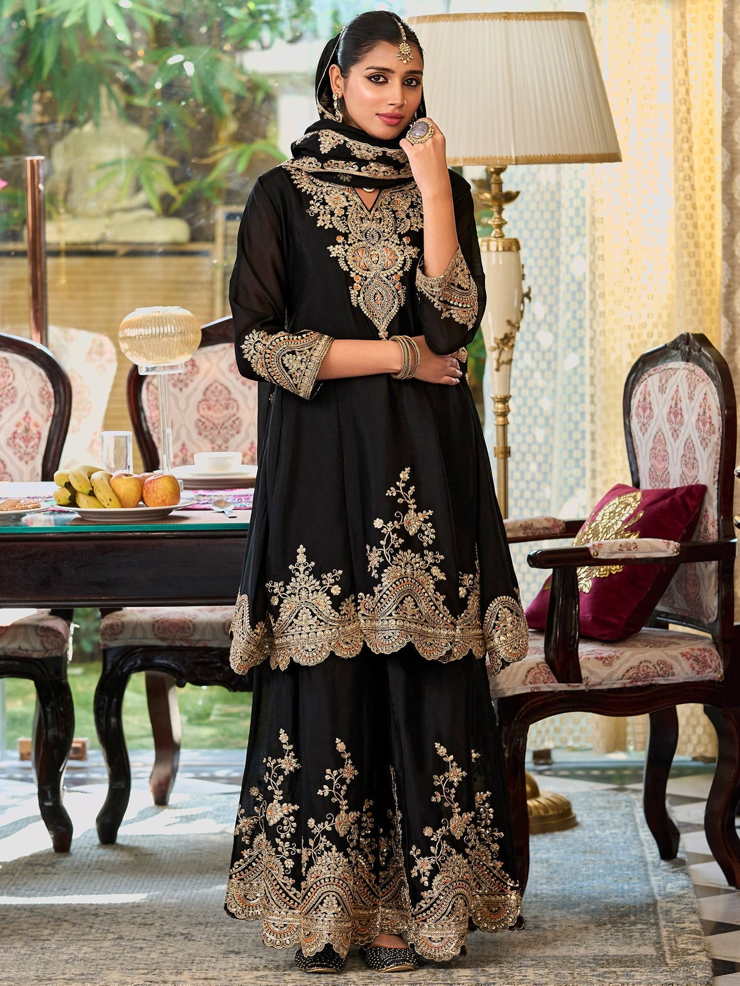 Black Embroidered Straight Kurta Palazzos With Dupatta Set