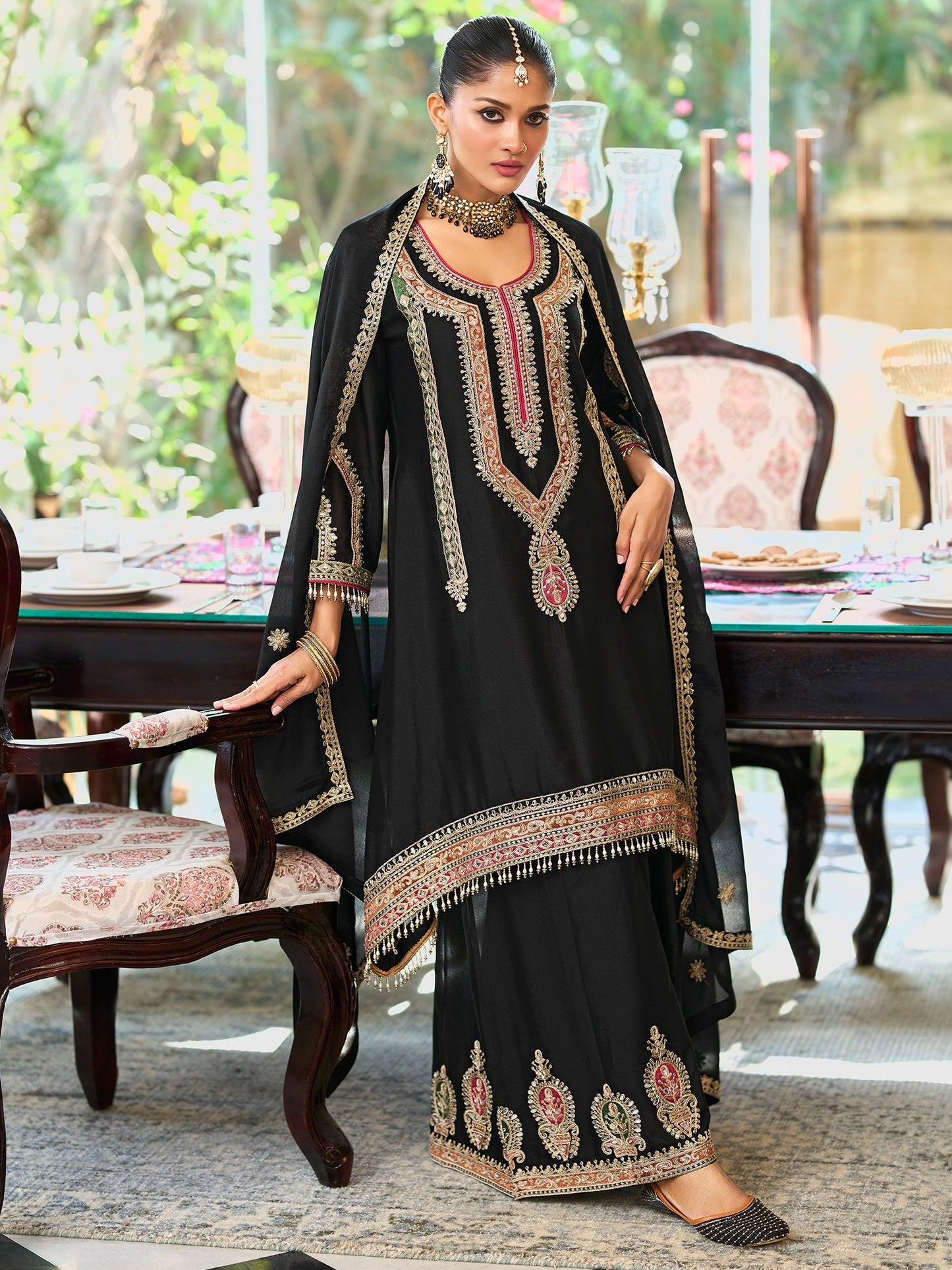 Black Embroidered A-Line Kurta Palazzos With Dupatta Set