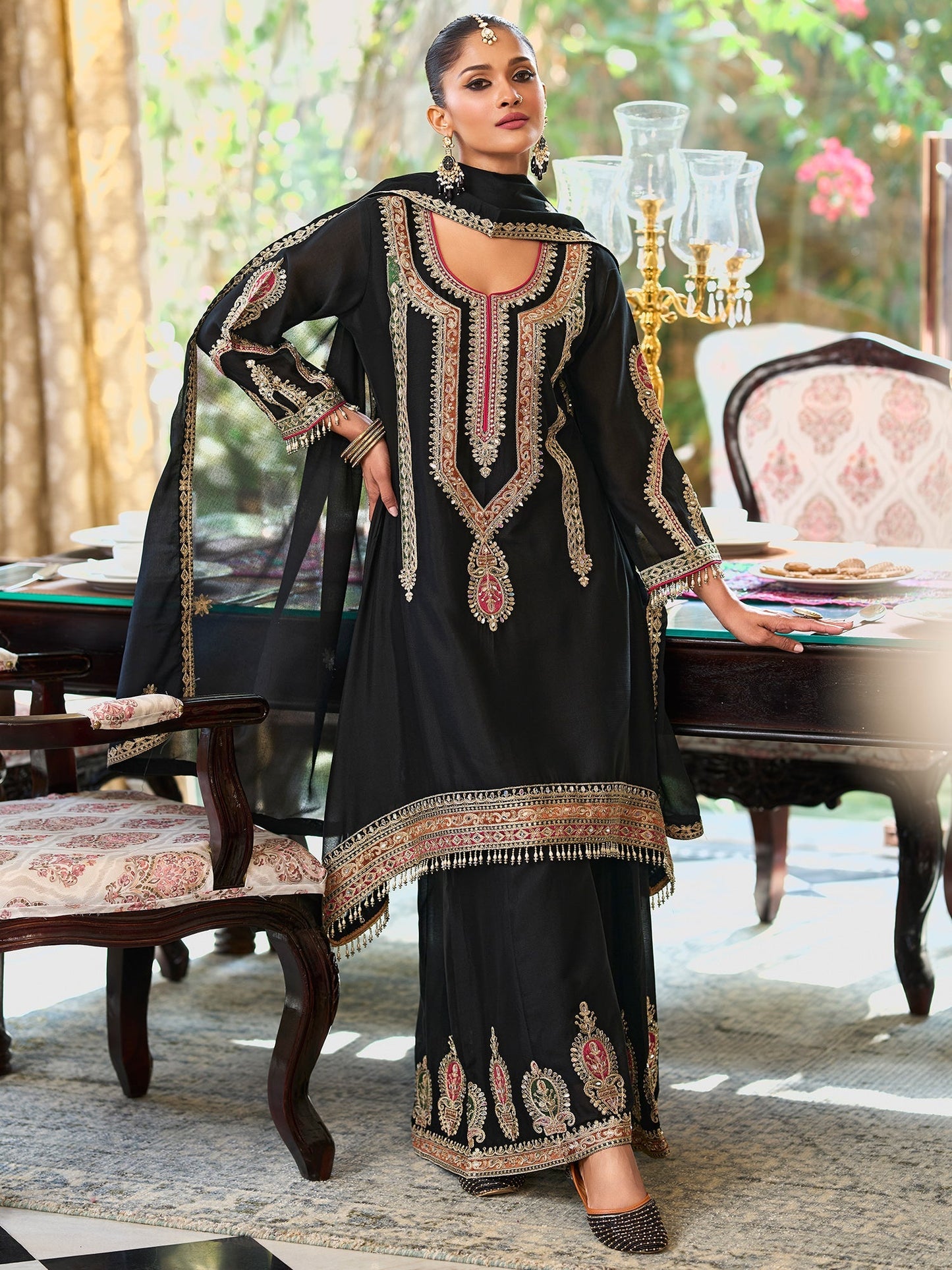 Black Embroidered A-Line Kurta Palazzos With Dupatta Set