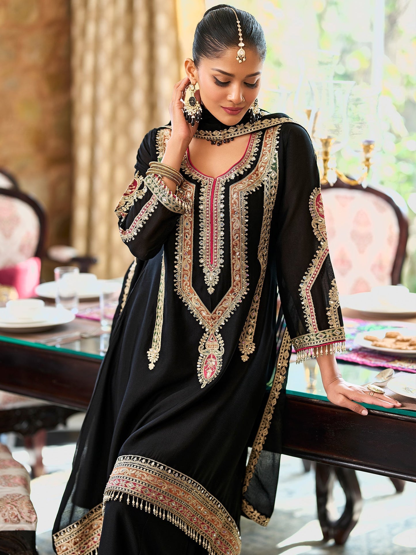Black Embroidered A-Line Kurta Palazzos With Dupatta Set