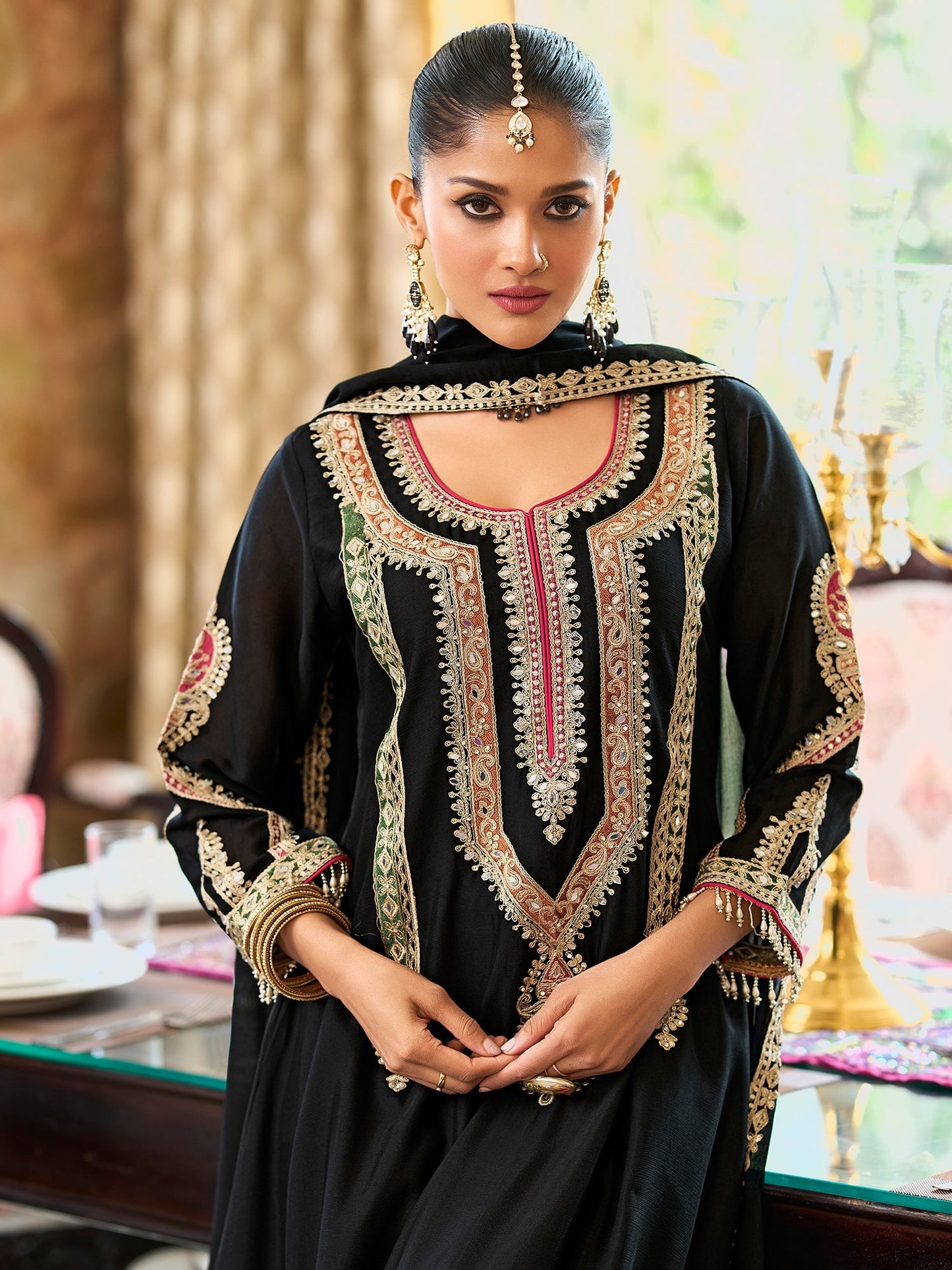 Black Embroidered A-Line Kurta Palazzos With Dupatta Set